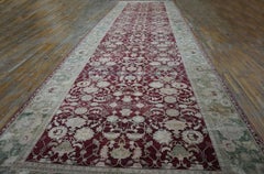 1880s Traditional Deep Red Green Antique Indian Agra Gallery Rug 8'x27'2" Carpet