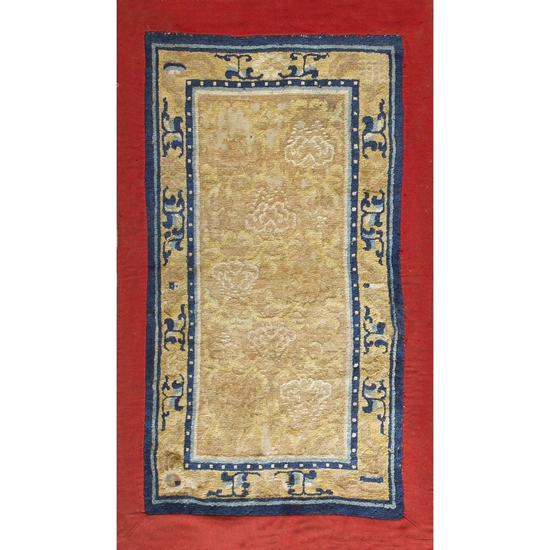 1880s Traditional Small Antique Beige Geometric Knotted Chinese Ningxia Rug
