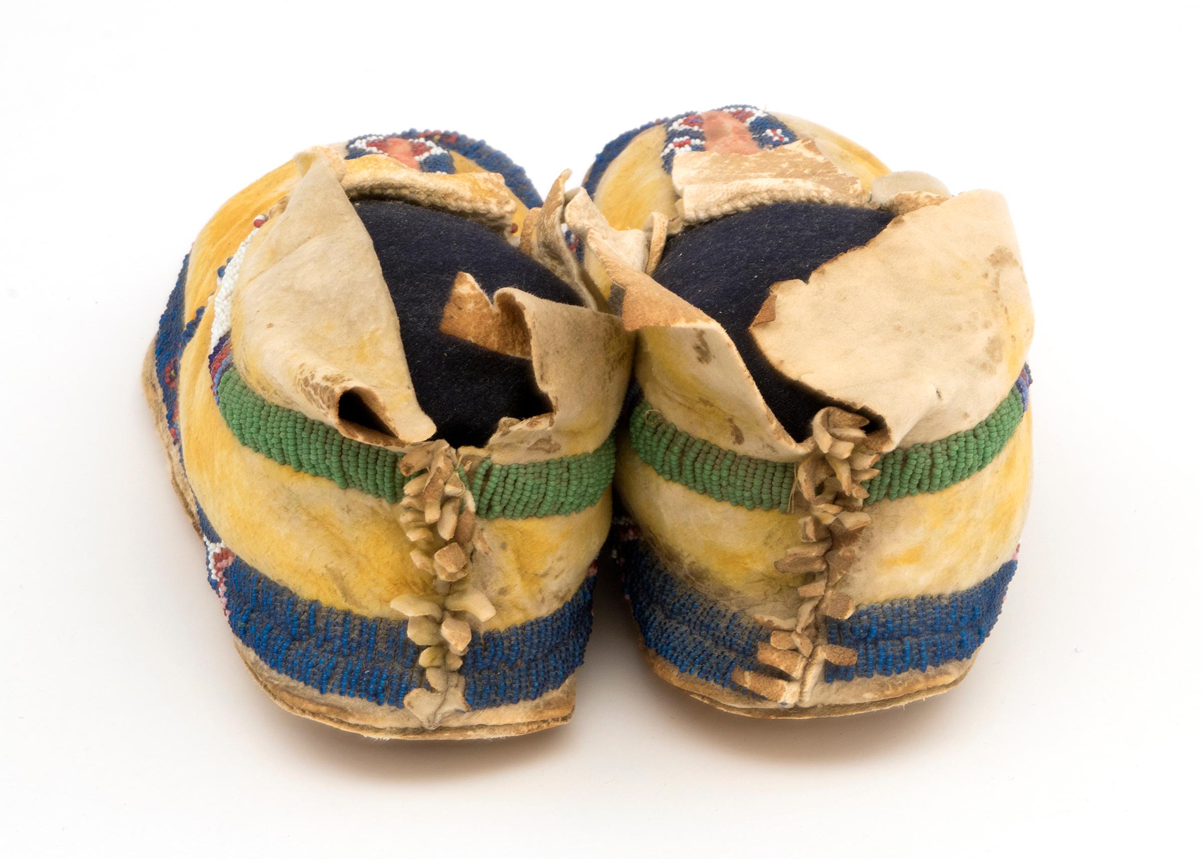 Native American 1880s Transitional Cheyenne Plains Moccasins with Dye and Beaded Elements