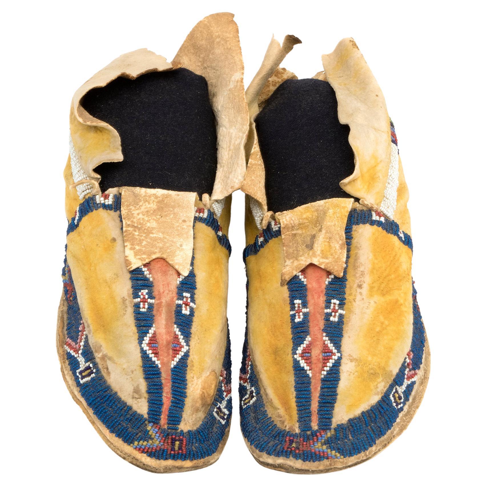 1880s Transitional Cheyenne Plains Moccasins with Dye and Beaded Elements