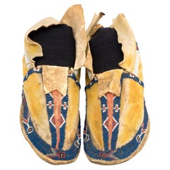 Antique 1880s Transitional Cheyenne Plains Moccasins with Dye and Beaded Elements