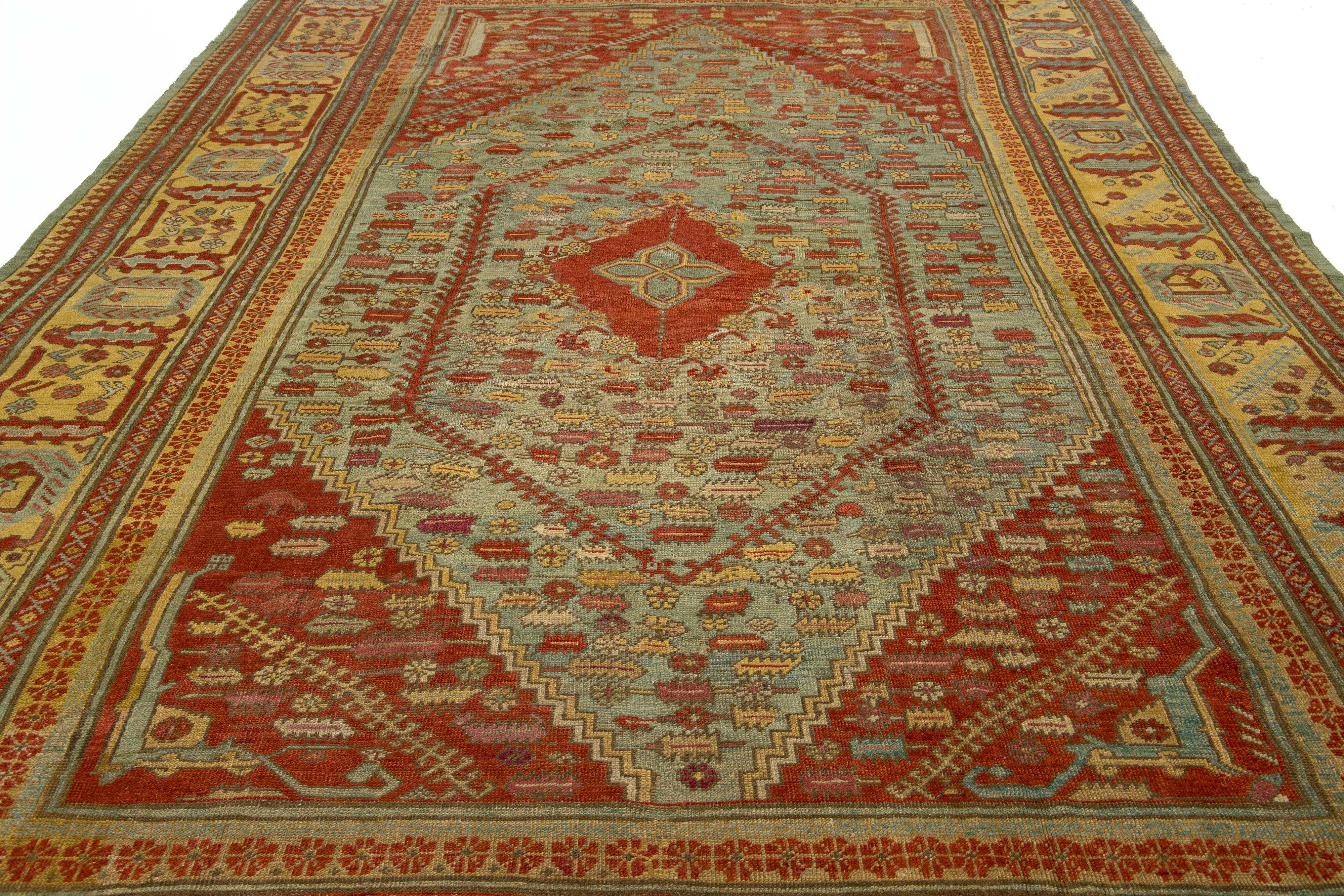 1880er Jahre Türkischer Oushak Antiker Wollteppich in Blau mit Medaillon-Design im Angebot 2