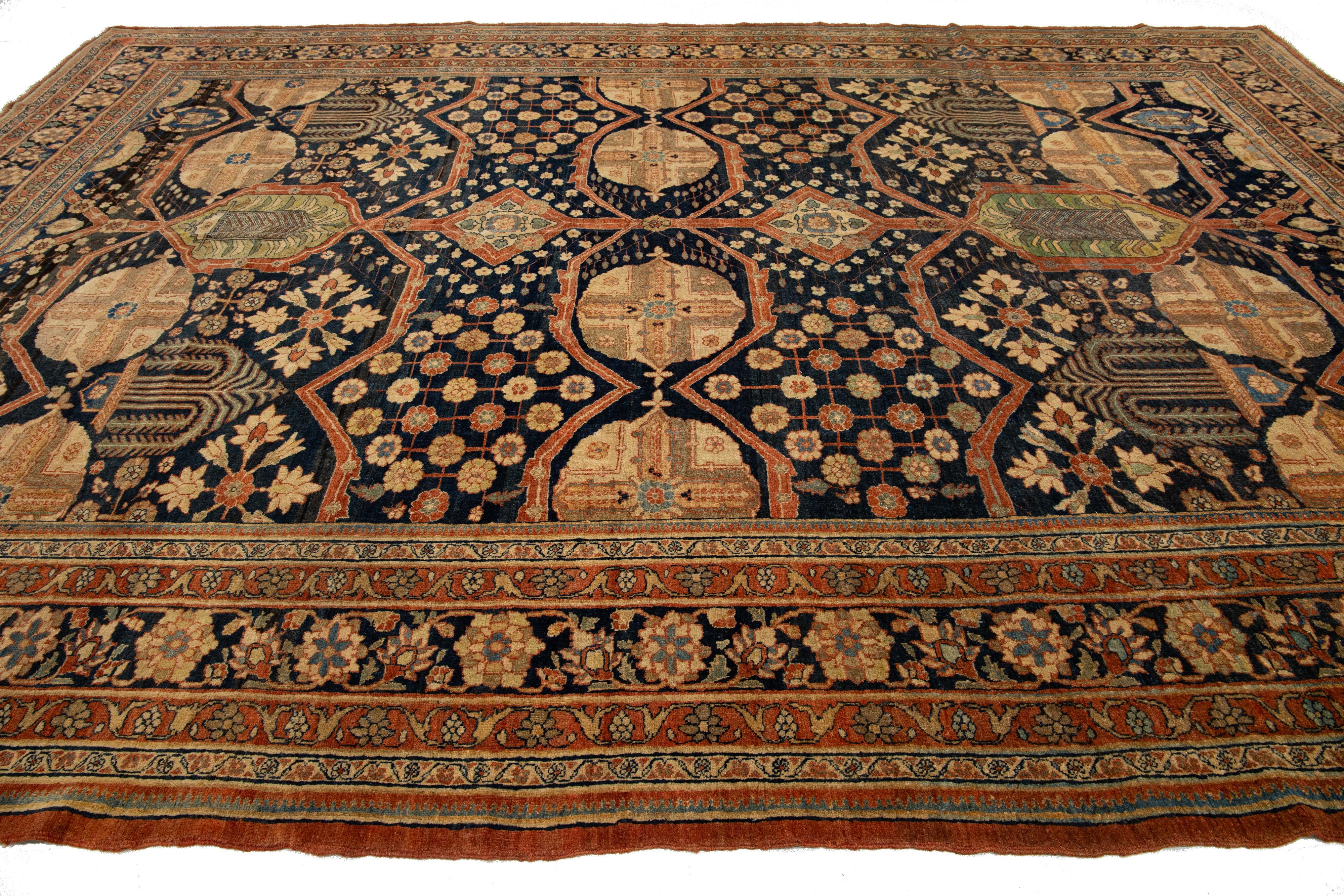 Tappeto in lana Tabriz persiano del 1880, unico nel suo genere, realizzato a mano in blu scuro in vendita 4
