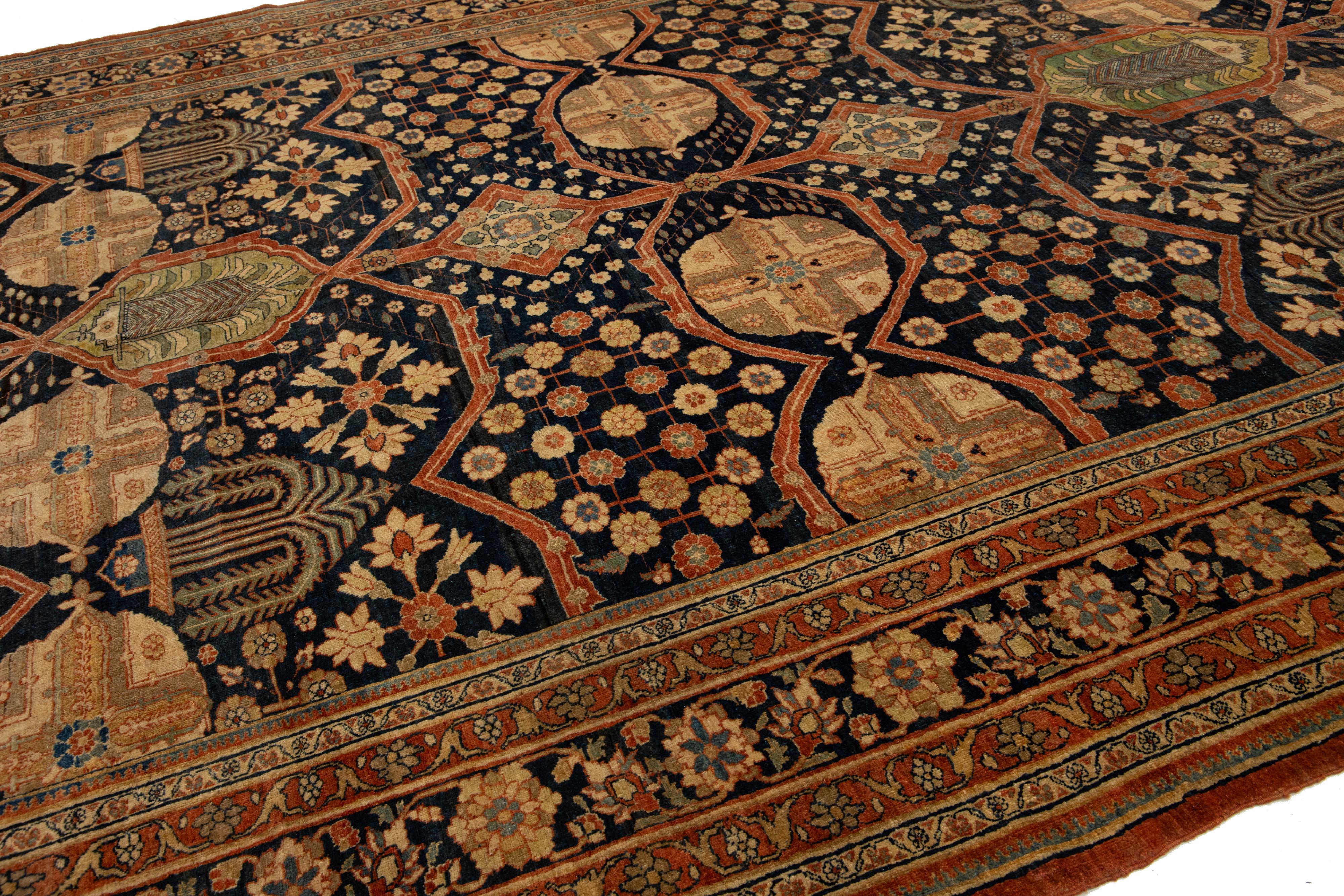 Tappeto in lana Tabriz persiano del 1880, unico nel suo genere, realizzato a mano in blu scuro in vendita 5