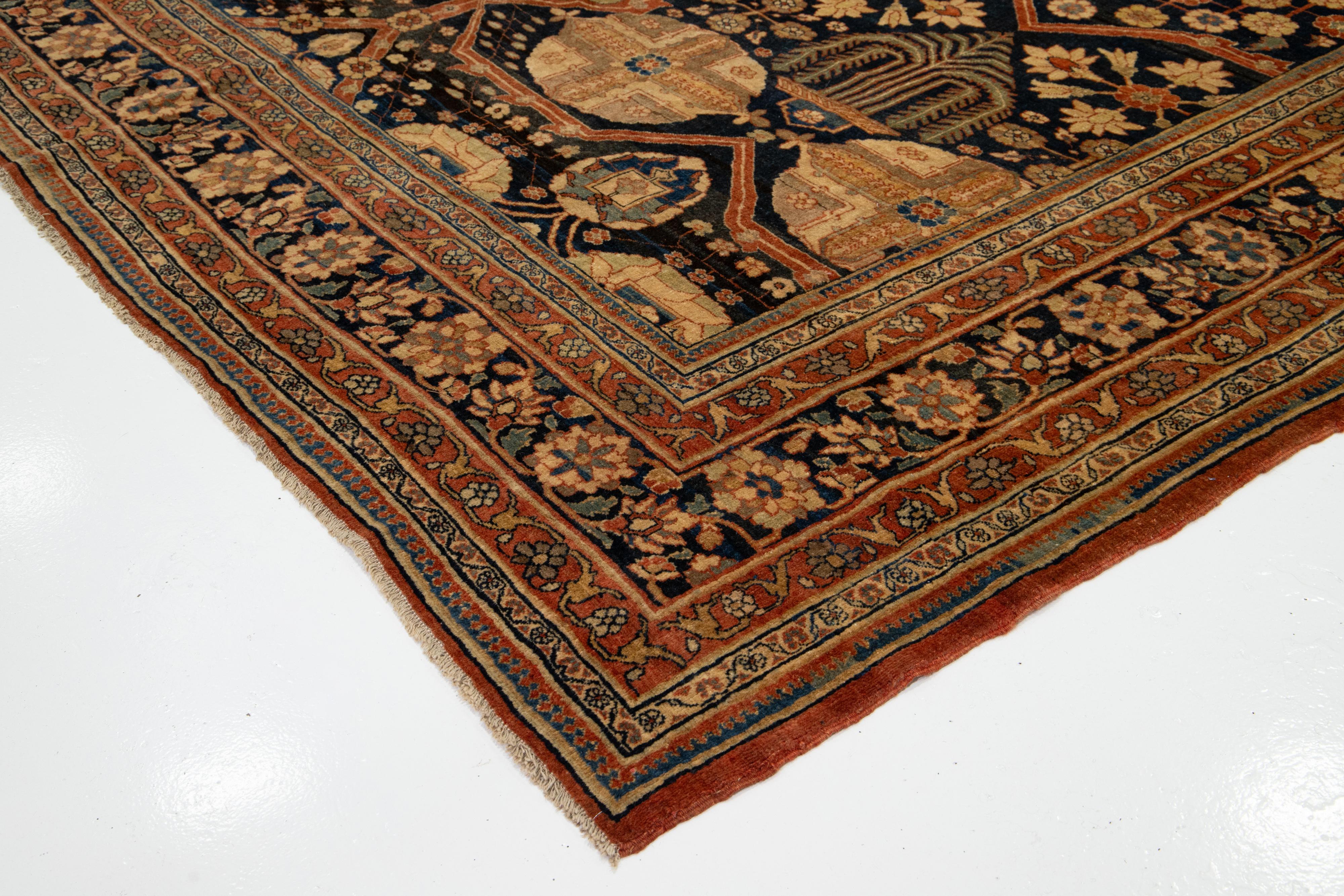 Persiano Tappeto in lana Tabriz persiano del 1880, unico nel suo genere, realizzato a mano in blu scuro in vendita
