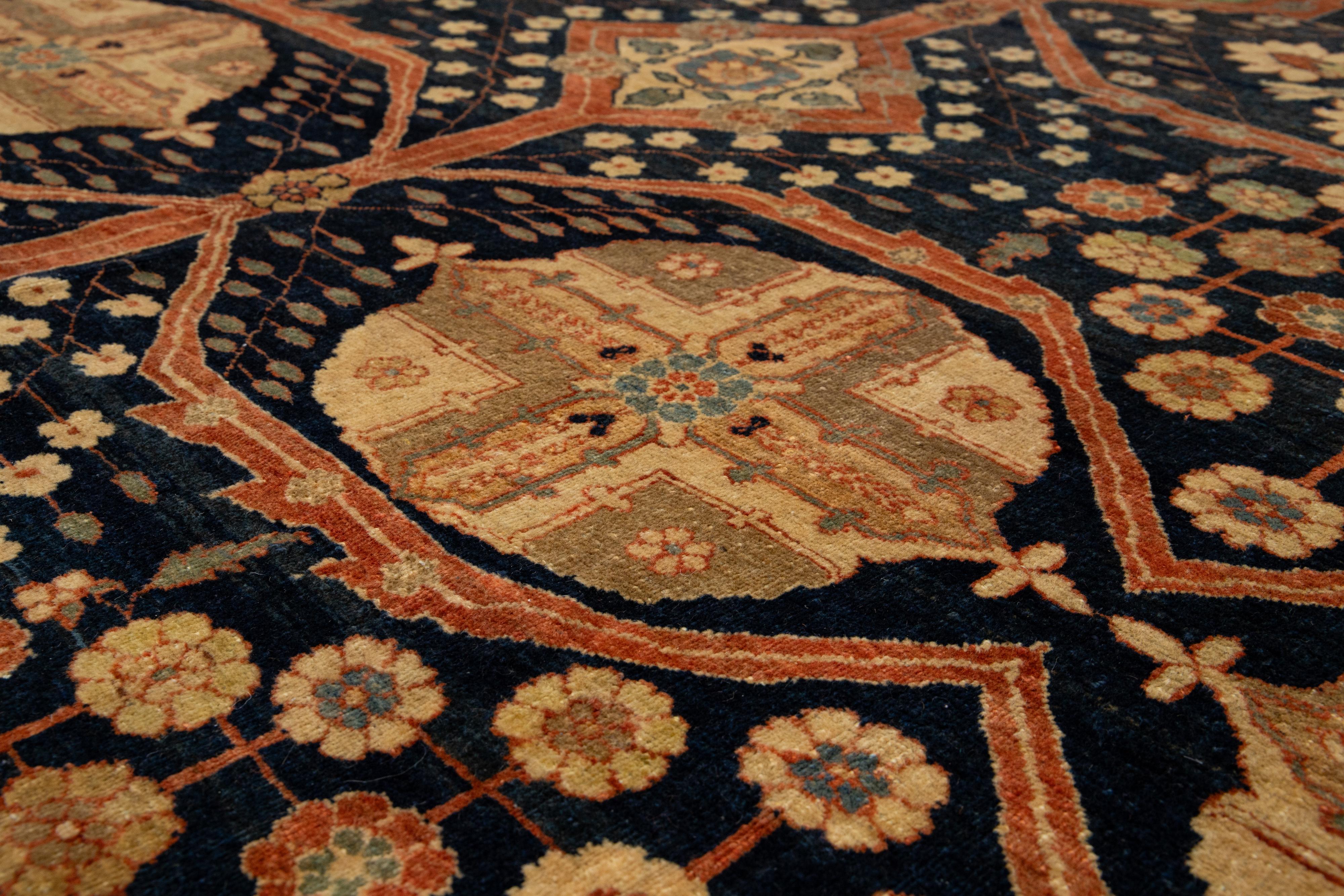 Annodato a mano Tappeto in lana Tabriz persiano del 1880, unico nel suo genere, realizzato a mano in blu scuro in vendita