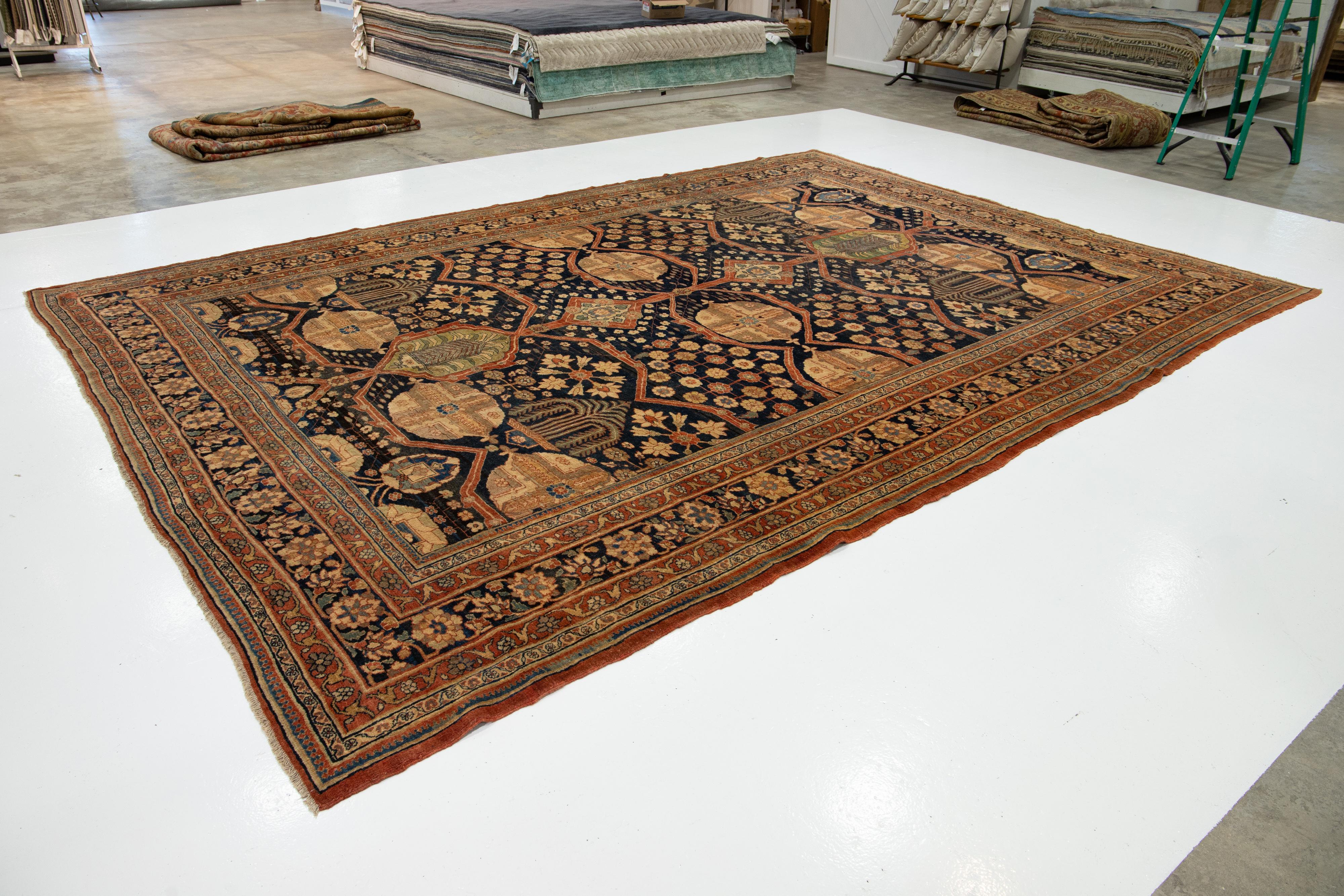 XIX secolo Tappeto in lana Tabriz persiano del 1880, unico nel suo genere, realizzato a mano in blu scuro in vendita