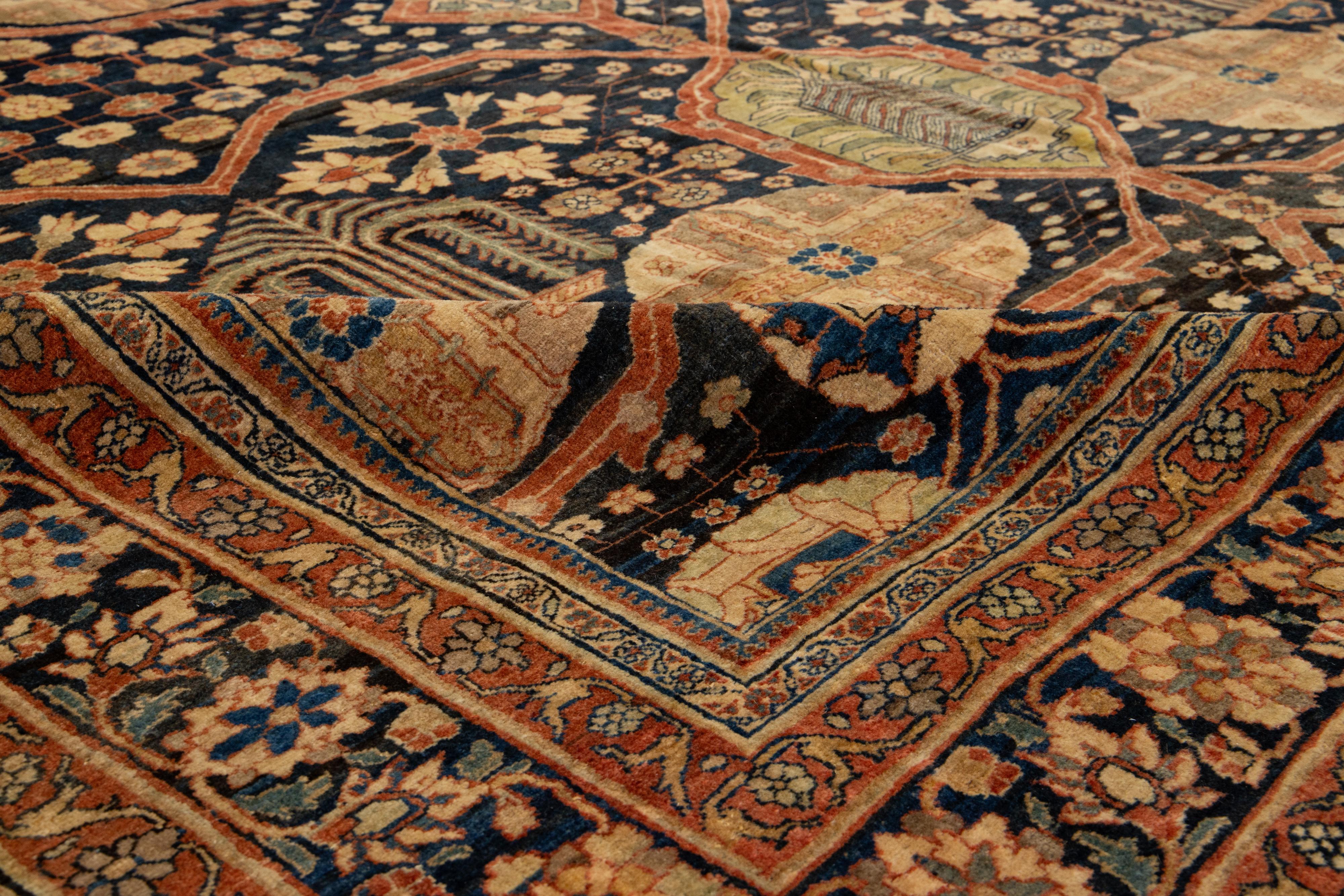 Lana Tappeto in lana Tabriz persiano del 1880, unico nel suo genere, realizzato a mano in blu scuro in vendita