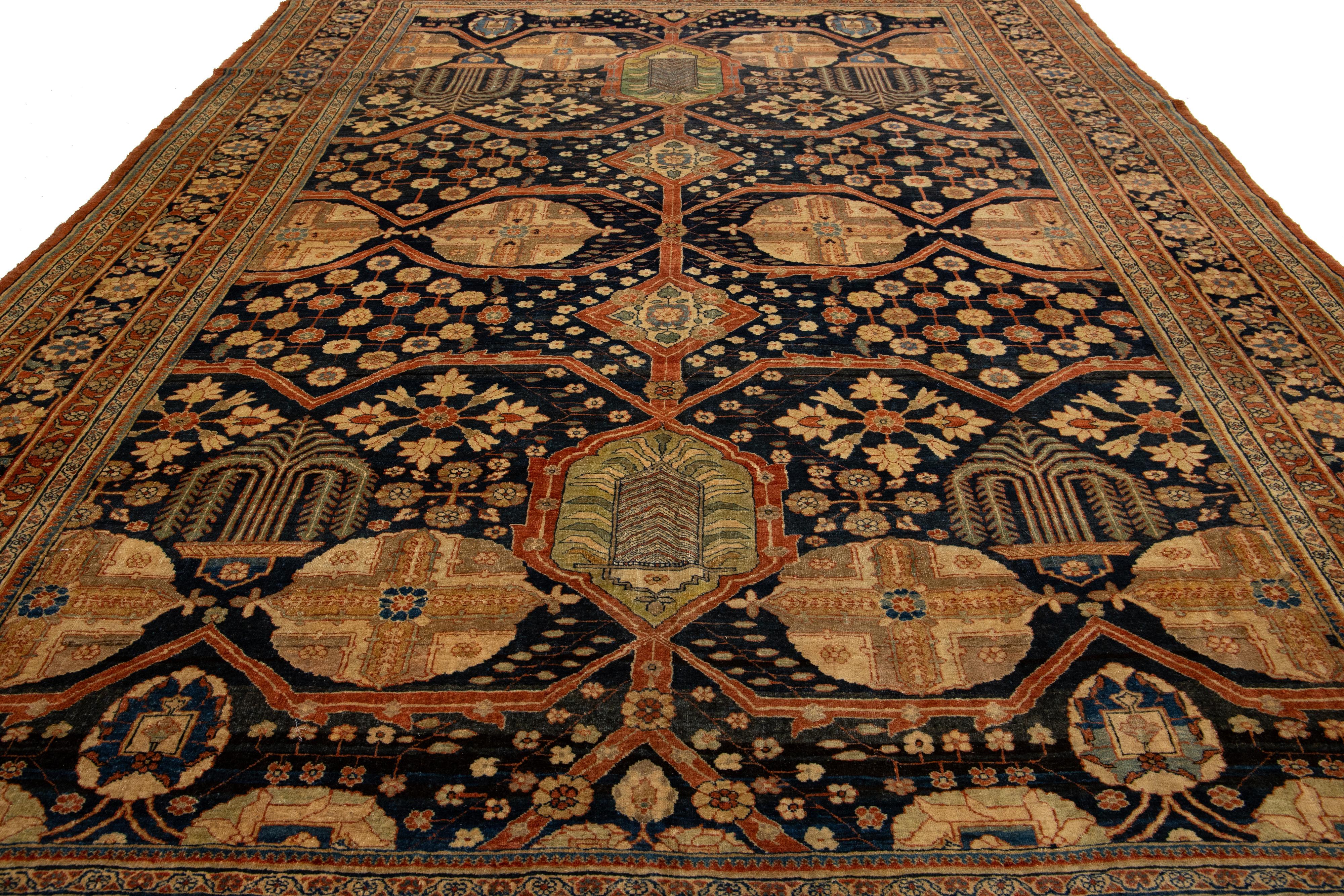 Tappeto in lana Tabriz persiano del 1880, unico nel suo genere, realizzato a mano in blu scuro in vendita 2