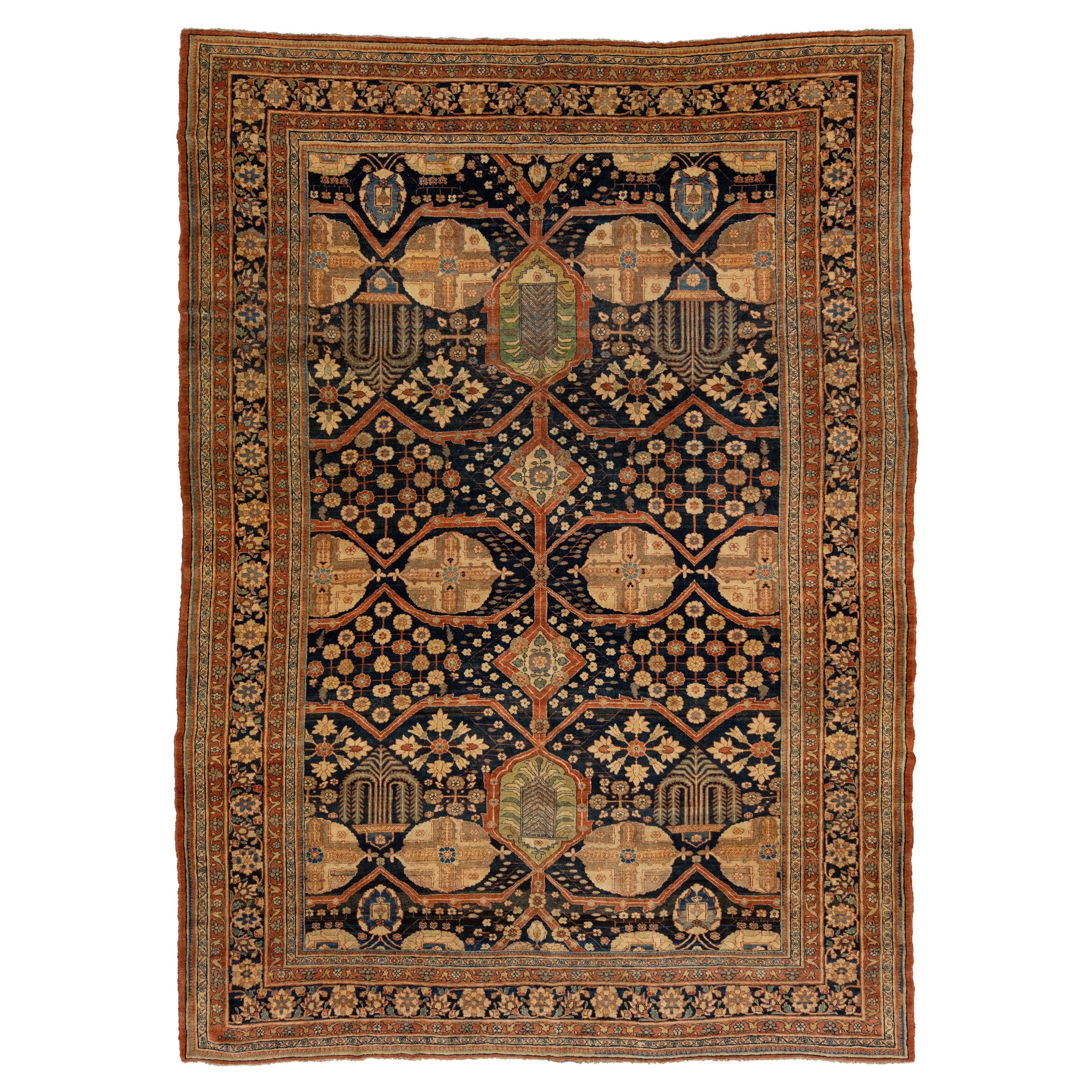 Tapis persan ancien unique des années 1880, conçu à la main en bleu foncé en vente