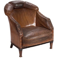 1880s Uniquely Designed Brown Leather Lounge Armchair with Studded Trim