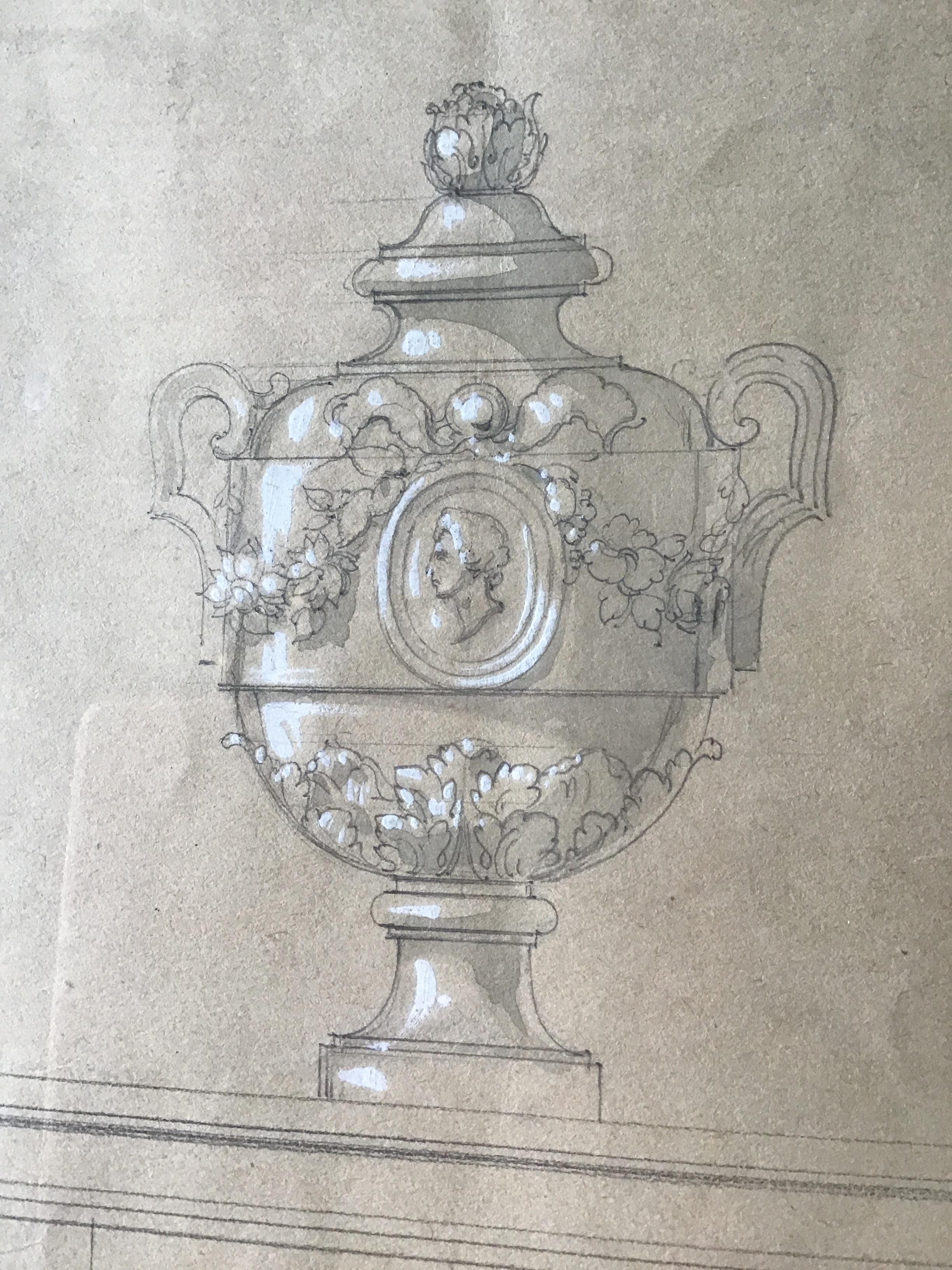 Watercolor of an urn, done in Paris by Jansen in the 1880s.