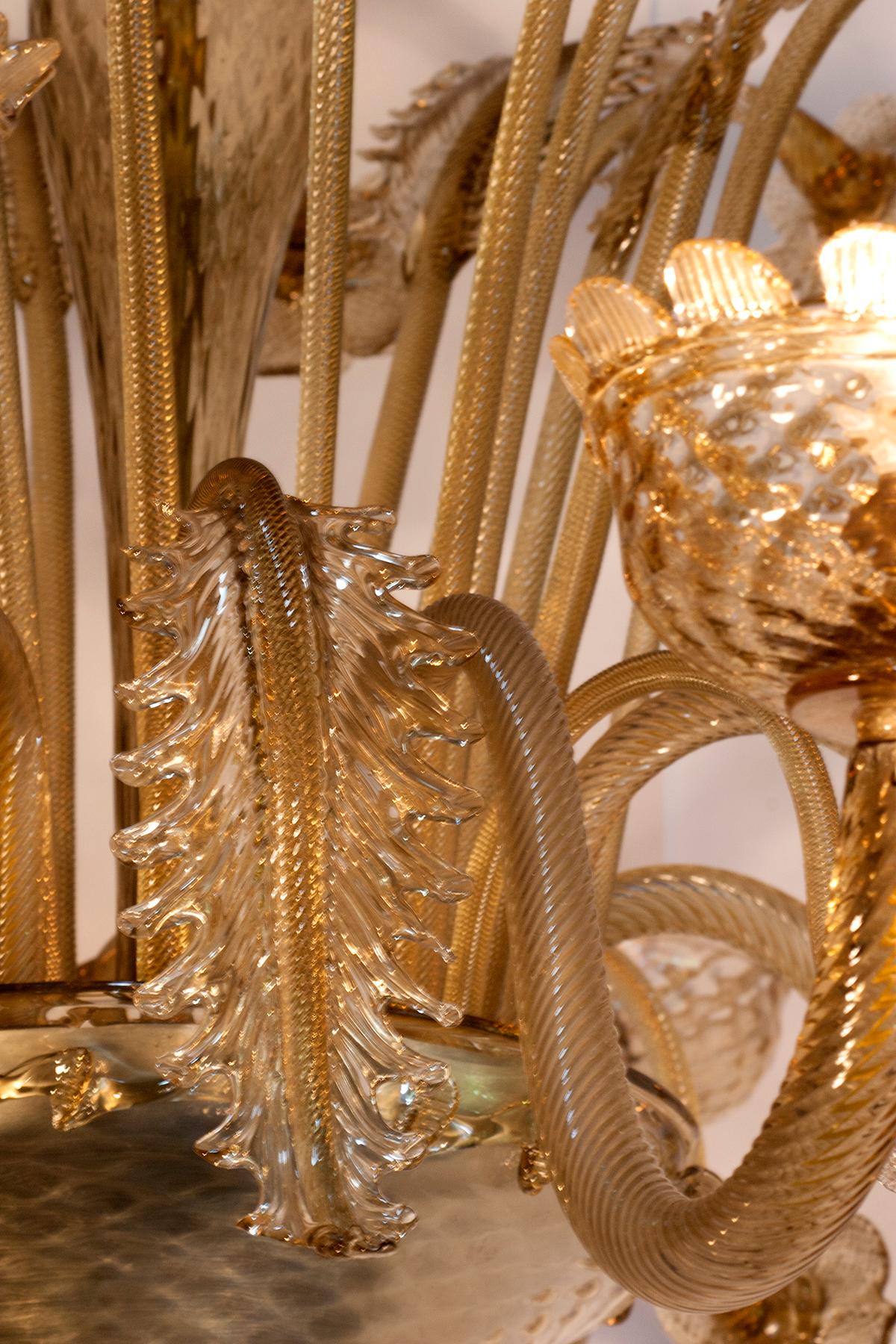 Italian 19th Century Large Venetian-Murano Glass Gold Chandelier  For Sale