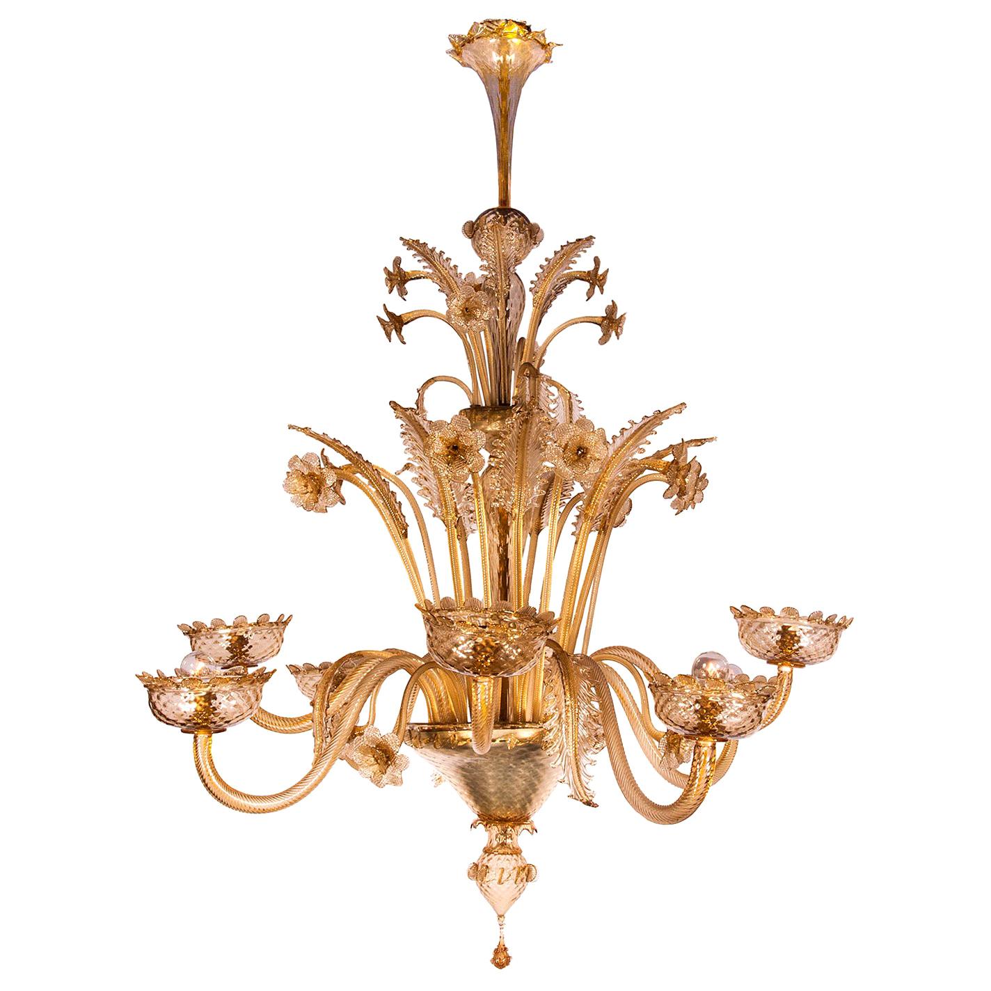 19th Century Large Venetian-Murano Glass Gold Chandelier  For Sale