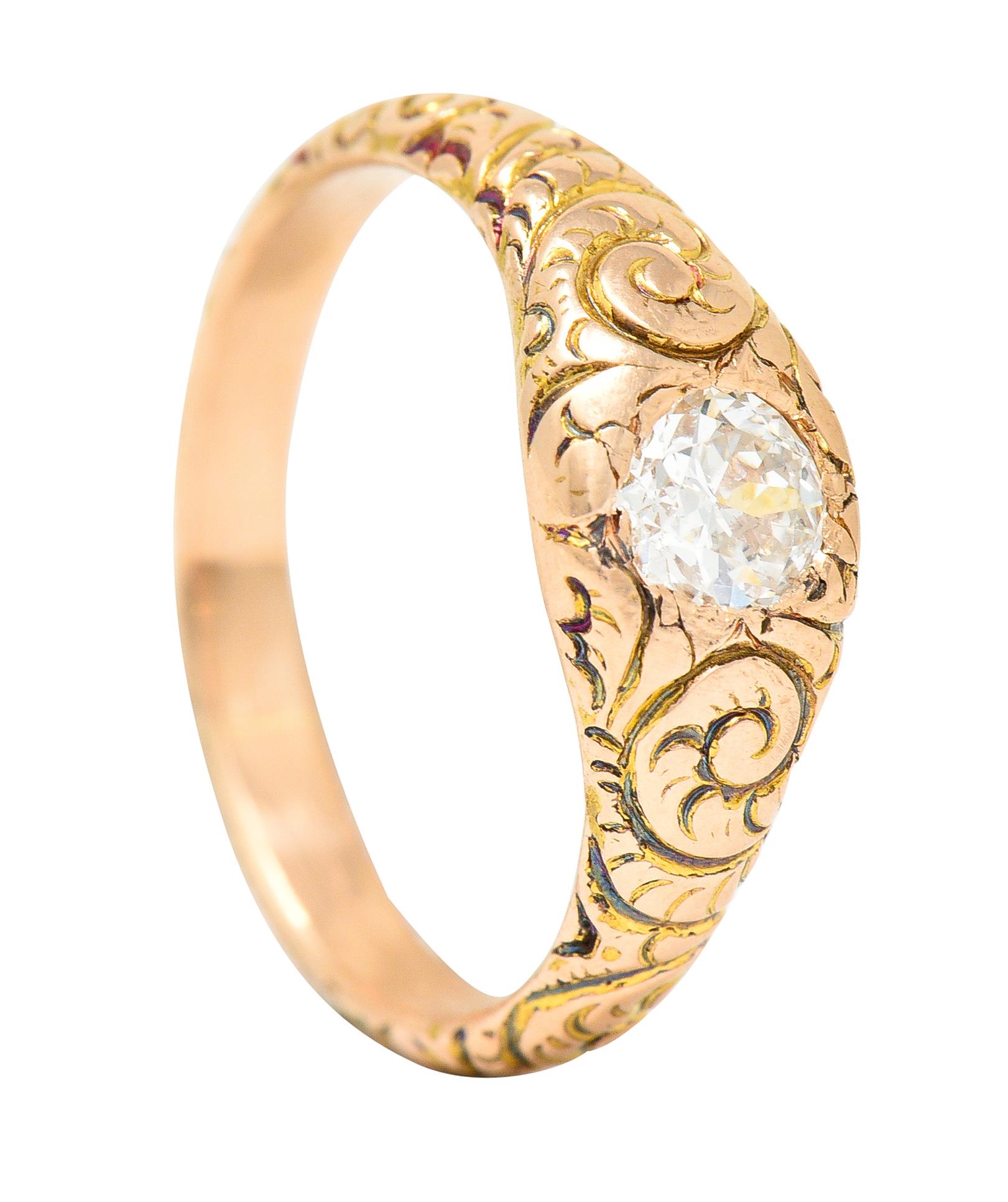 1880's Victorian 0.41 Carat Old Mine Diamond 14 Karat Yellow Gold Unisex Ring For Sale 6