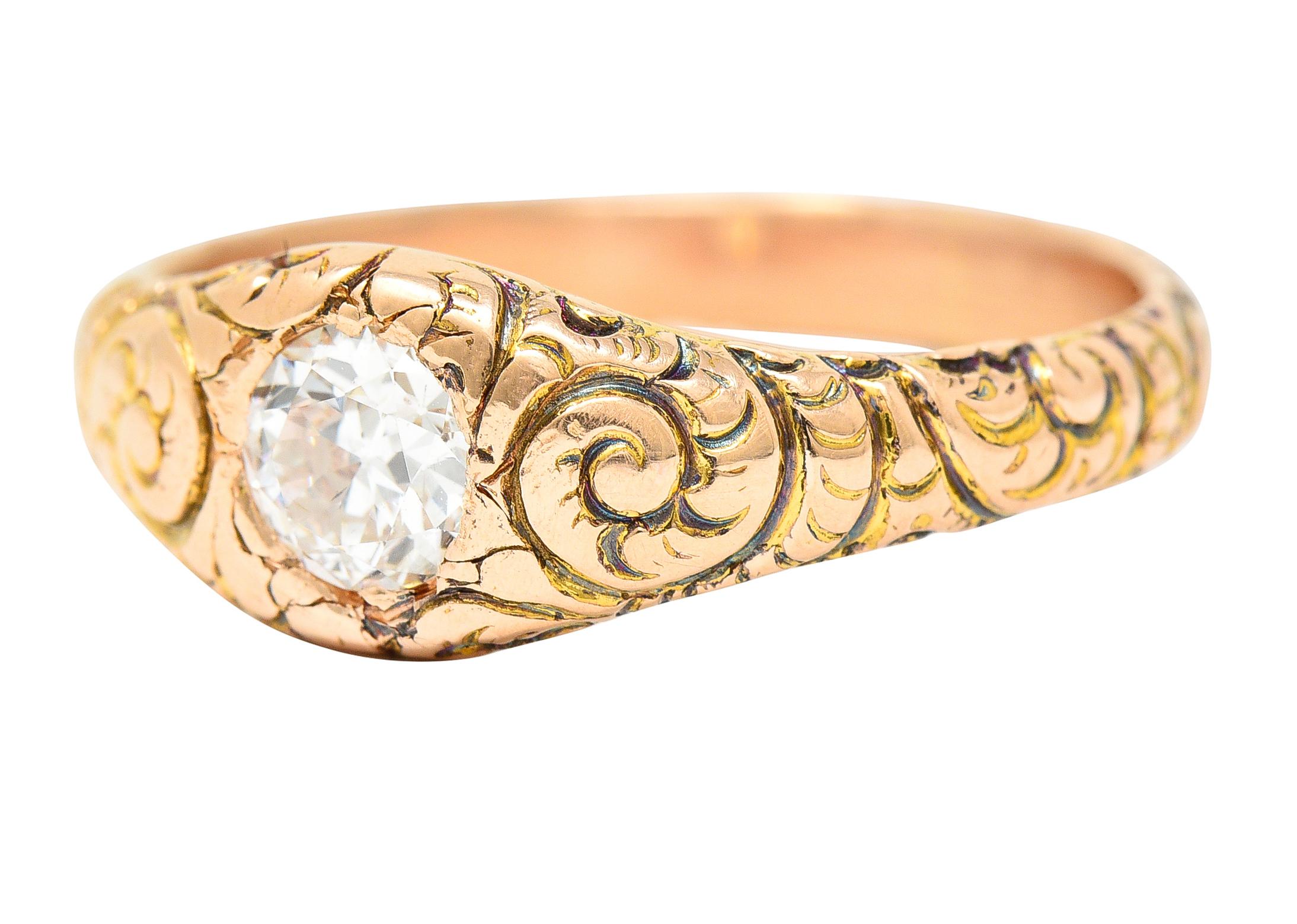 1880's Victorian 0.41 Carat Old Mine Diamond 14 Karat Yellow Gold Unisex Ring For Sale 2