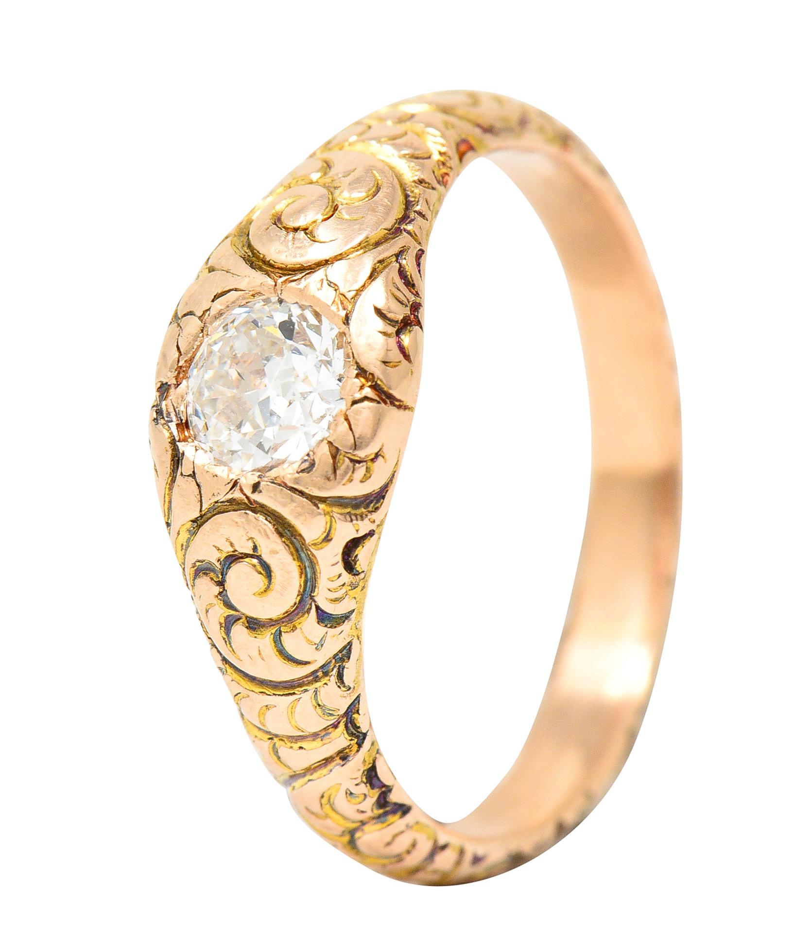 1880's Victorian 0.41 Carat Old Mine Diamond 14 Karat Yellow Gold Unisex Ring For Sale 3