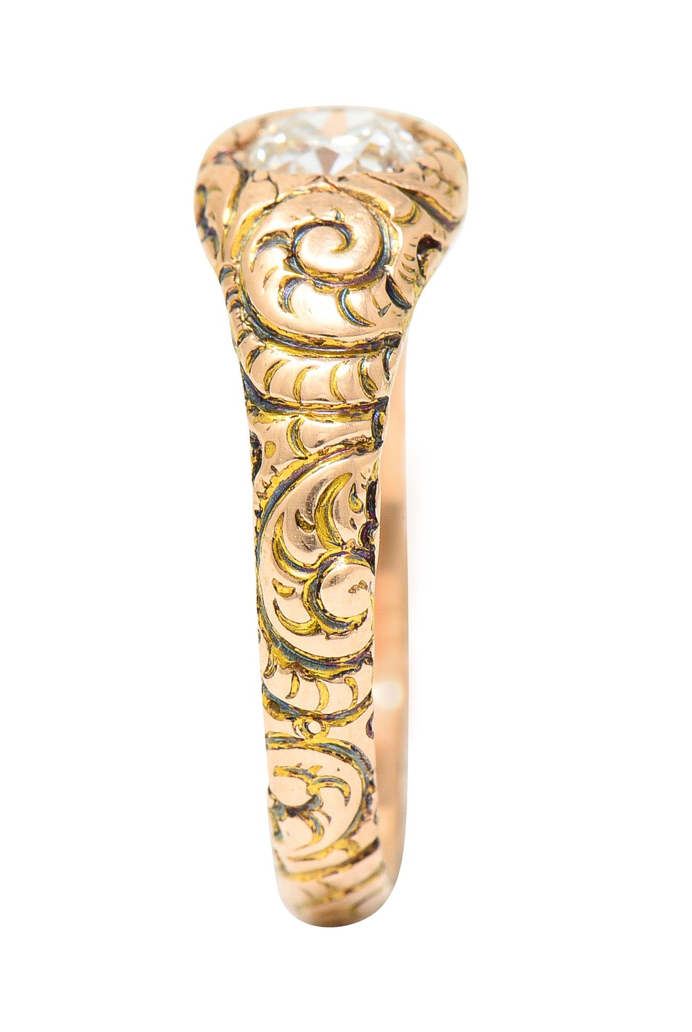 1880's Victorian 0.41 Carat Old Mine Diamond 14 Karat Yellow Gold Unisex Ring For Sale 4