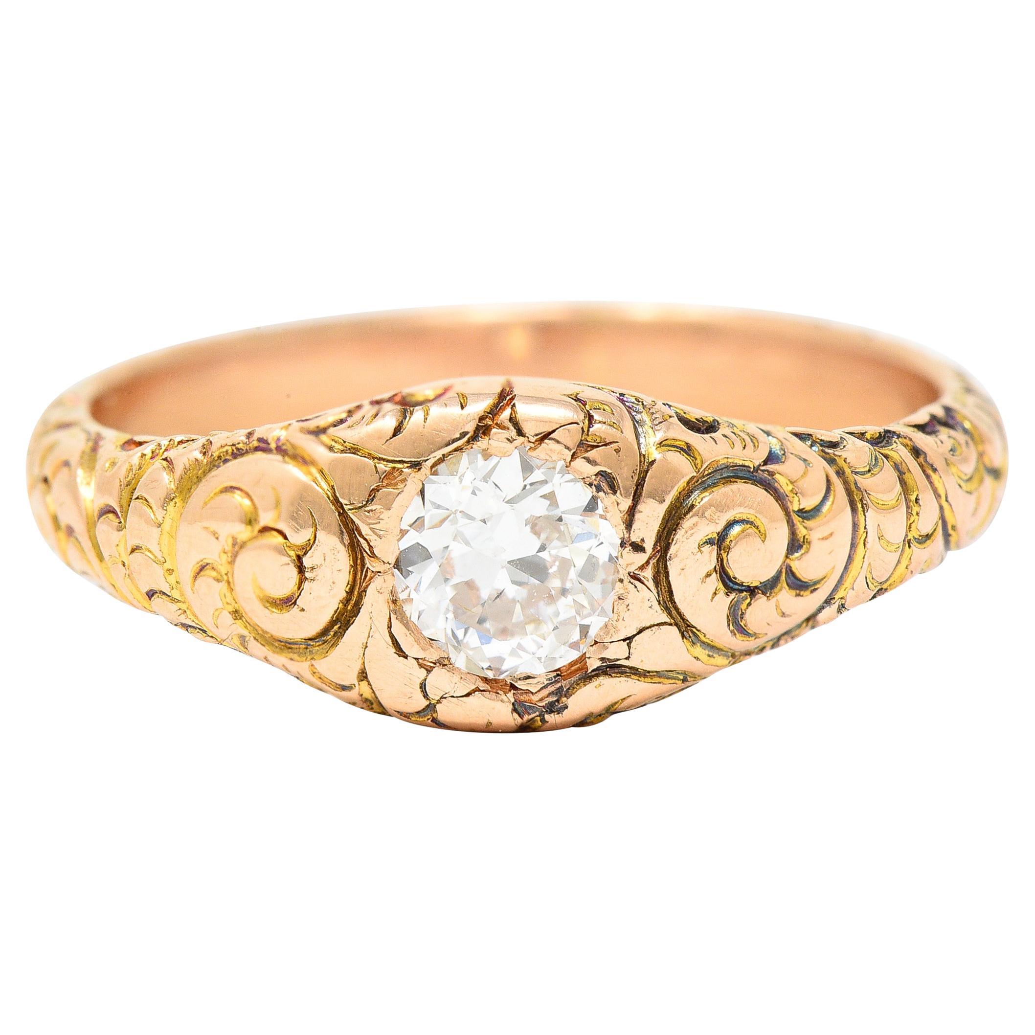 1880's Victorian 0.41 Carat Old Mine Diamond 14 Karat Yellow Gold Unisex Ring For Sale