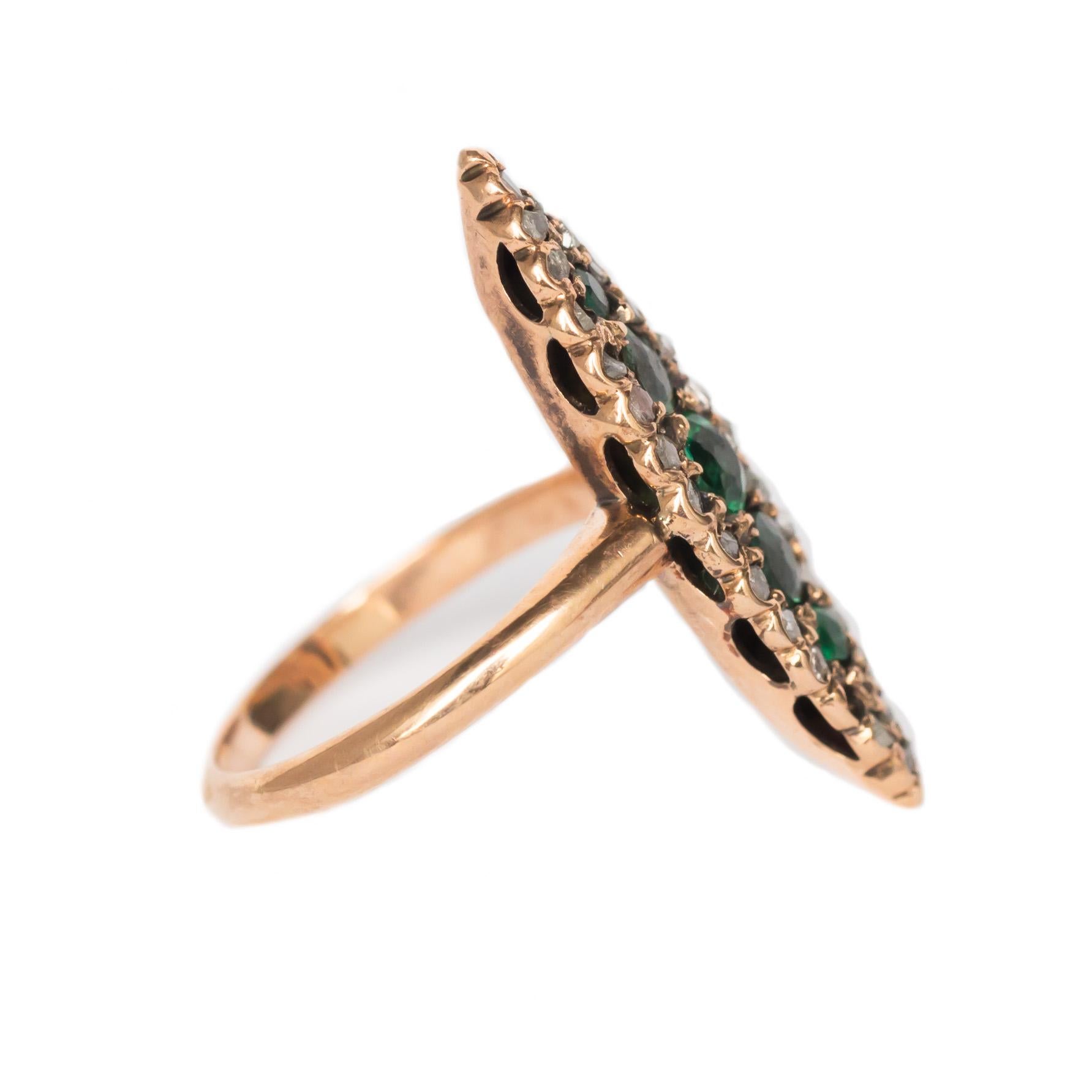 Rose Cut 1880s Victorian 14 Karat Rose Gold Emerald and Diamond Cocktail Ring For Sale