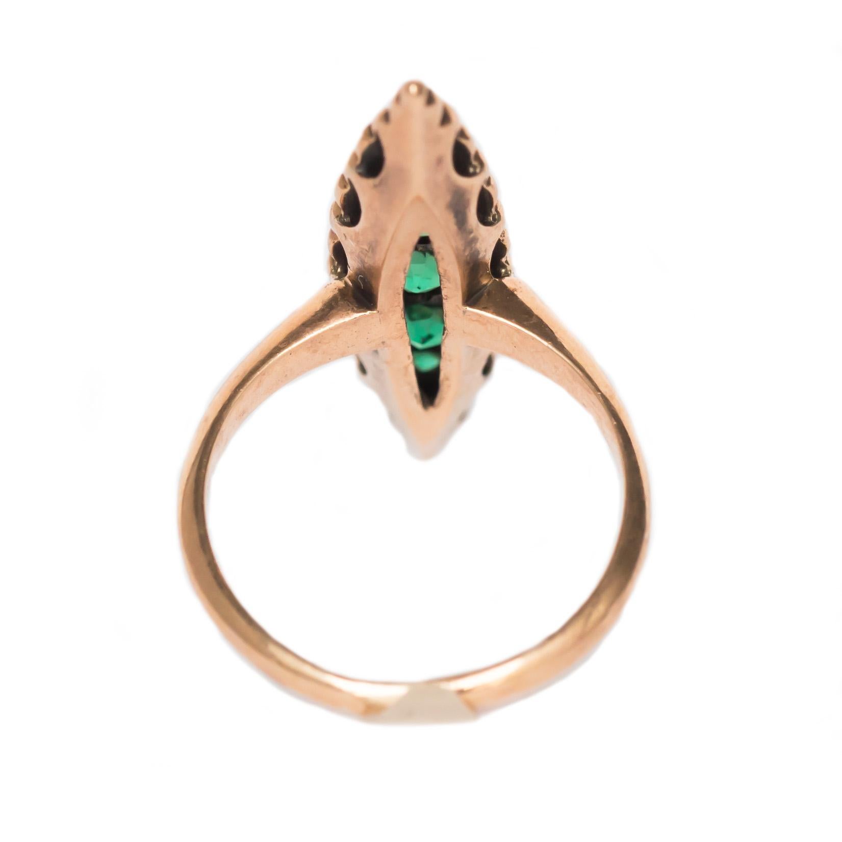 1880s Victorian 14 Karat Rose Gold Emerald and Diamond Cocktail Ring In Good Condition For Sale In Hicksville, NY
