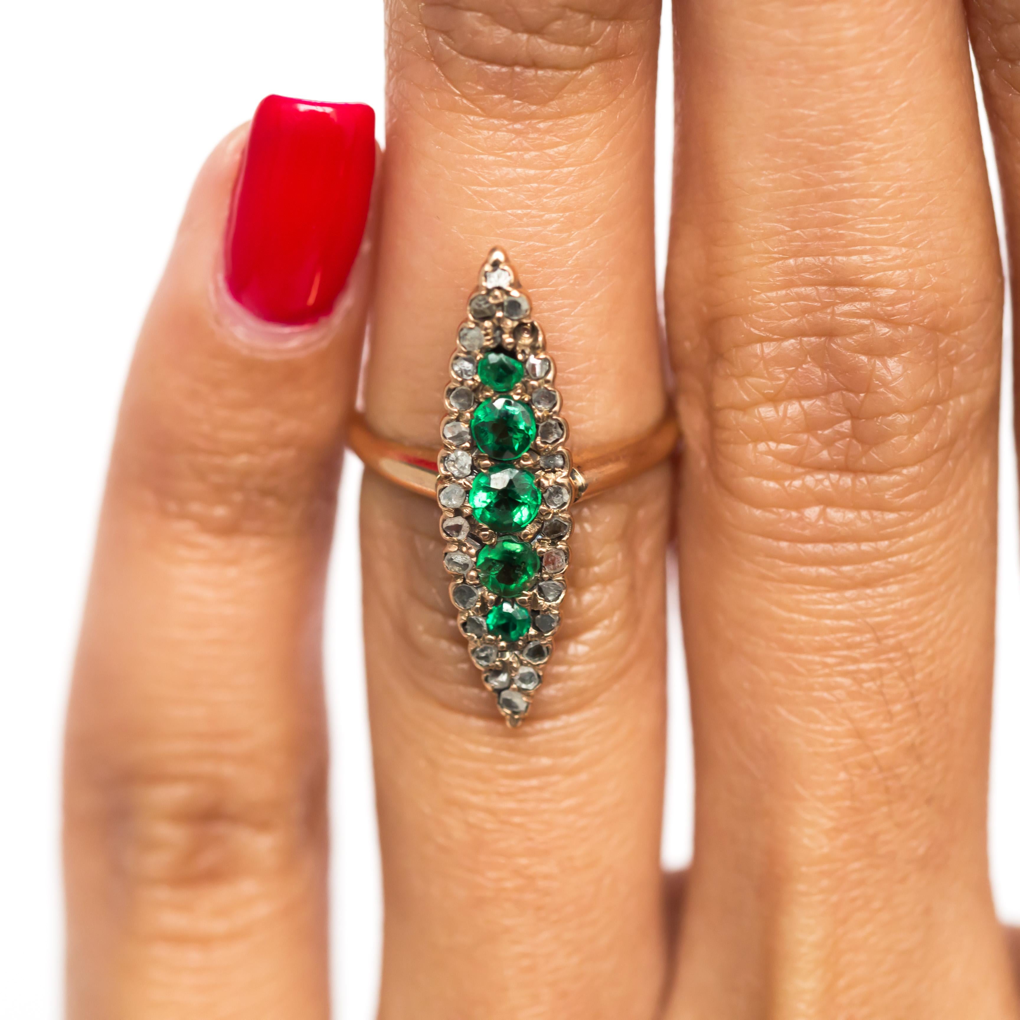 Women's 1880s Victorian 14 Karat Rose Gold Emerald and Diamond Cocktail Ring For Sale