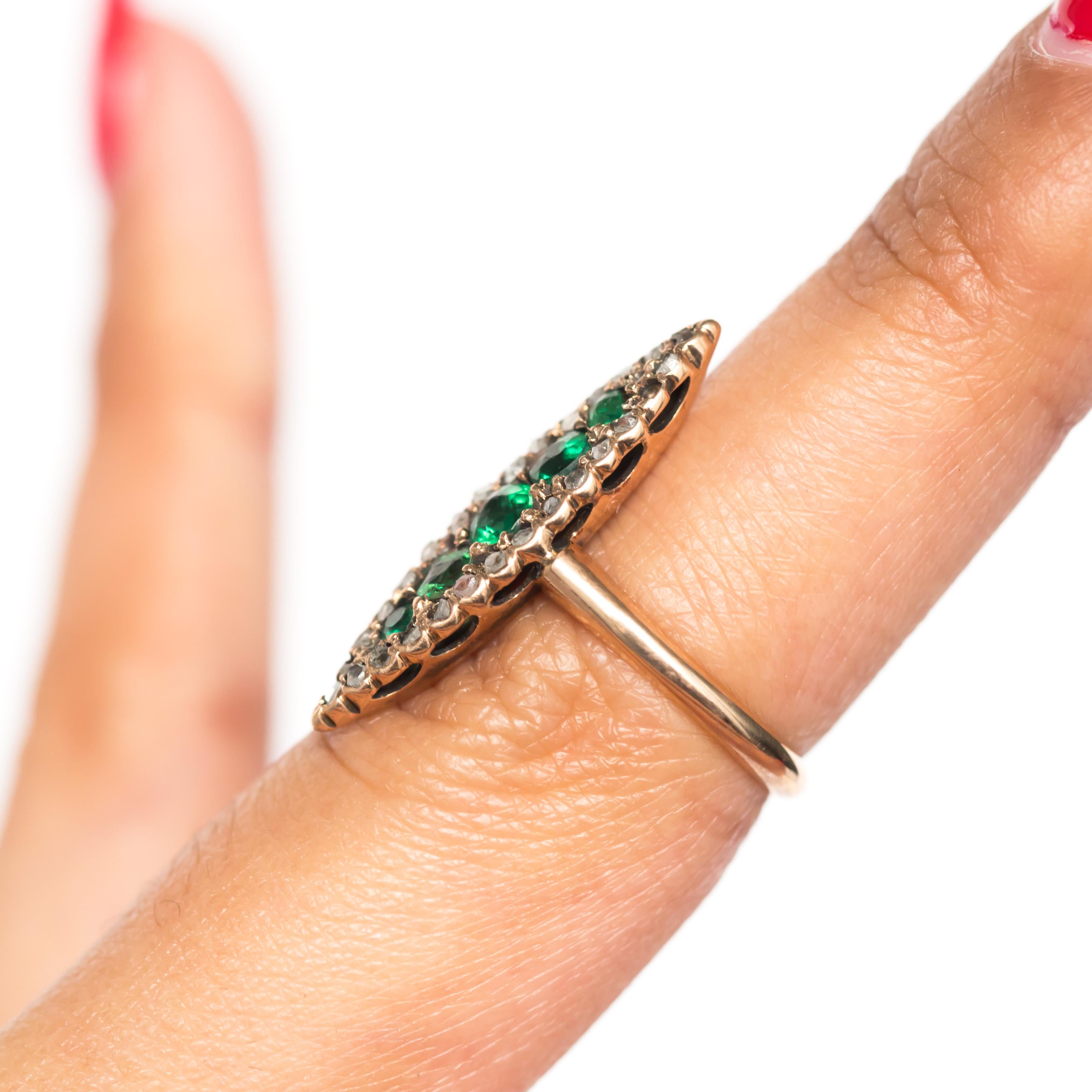 1880s Victorian 14 Karat Rose Gold Emerald and Diamond Cocktail Ring For Sale 1