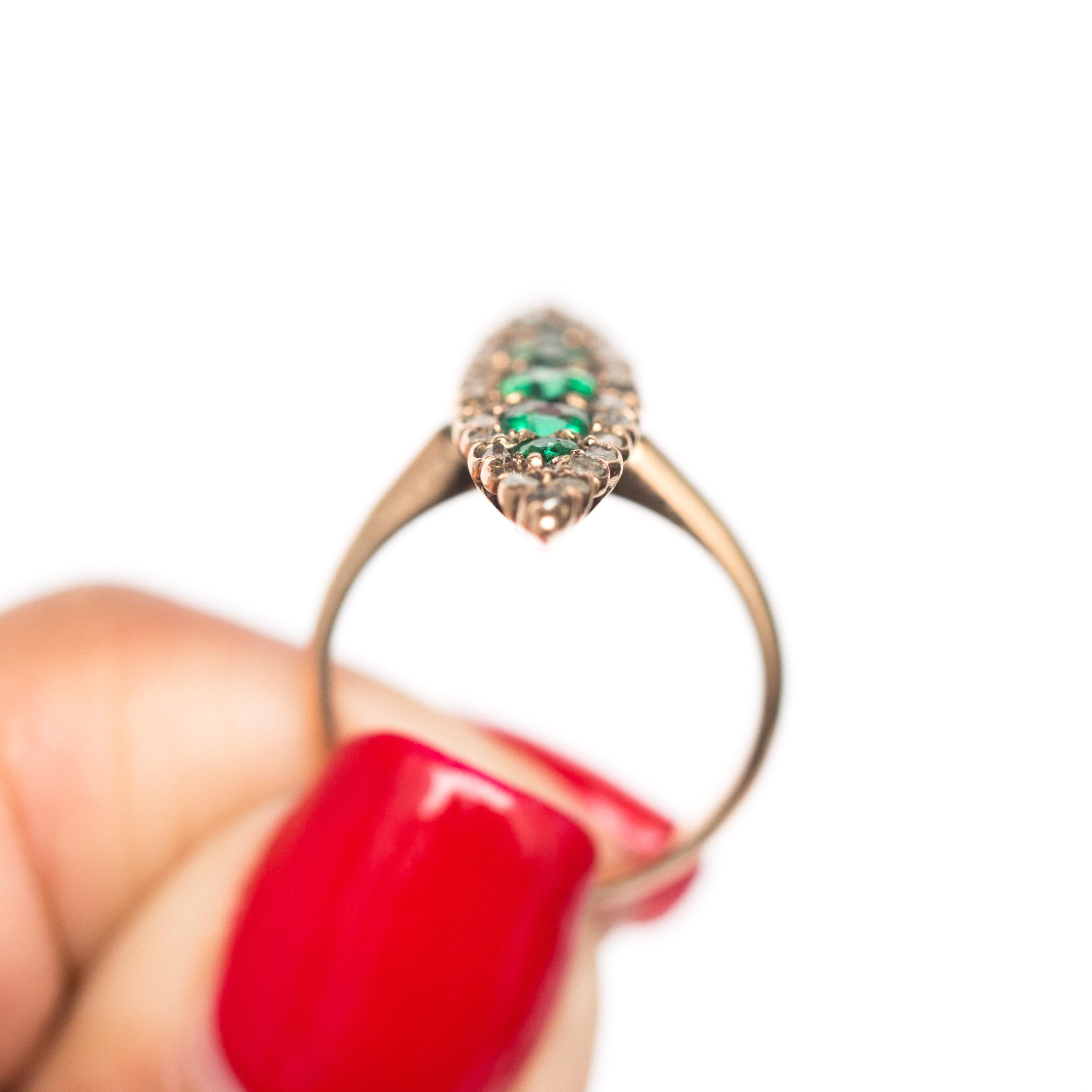 1880s Victorian 14 Karat Rose Gold Emerald and Diamond Cocktail Ring For Sale 2