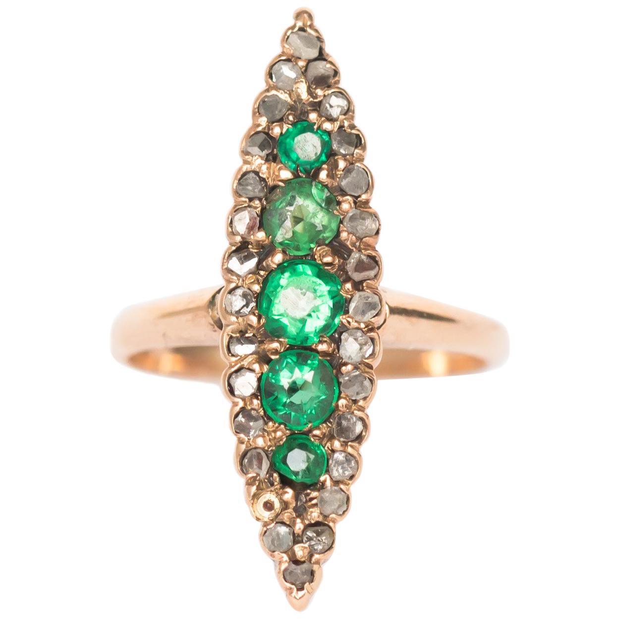 1880s Victorian 14 Karat Rose Gold Emerald and Diamond Cocktail Ring For Sale