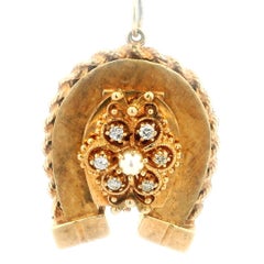 1880s Victorian 14K Rose Gold Horseshoe Locket Pendant Diamonds & Cultured Pearl