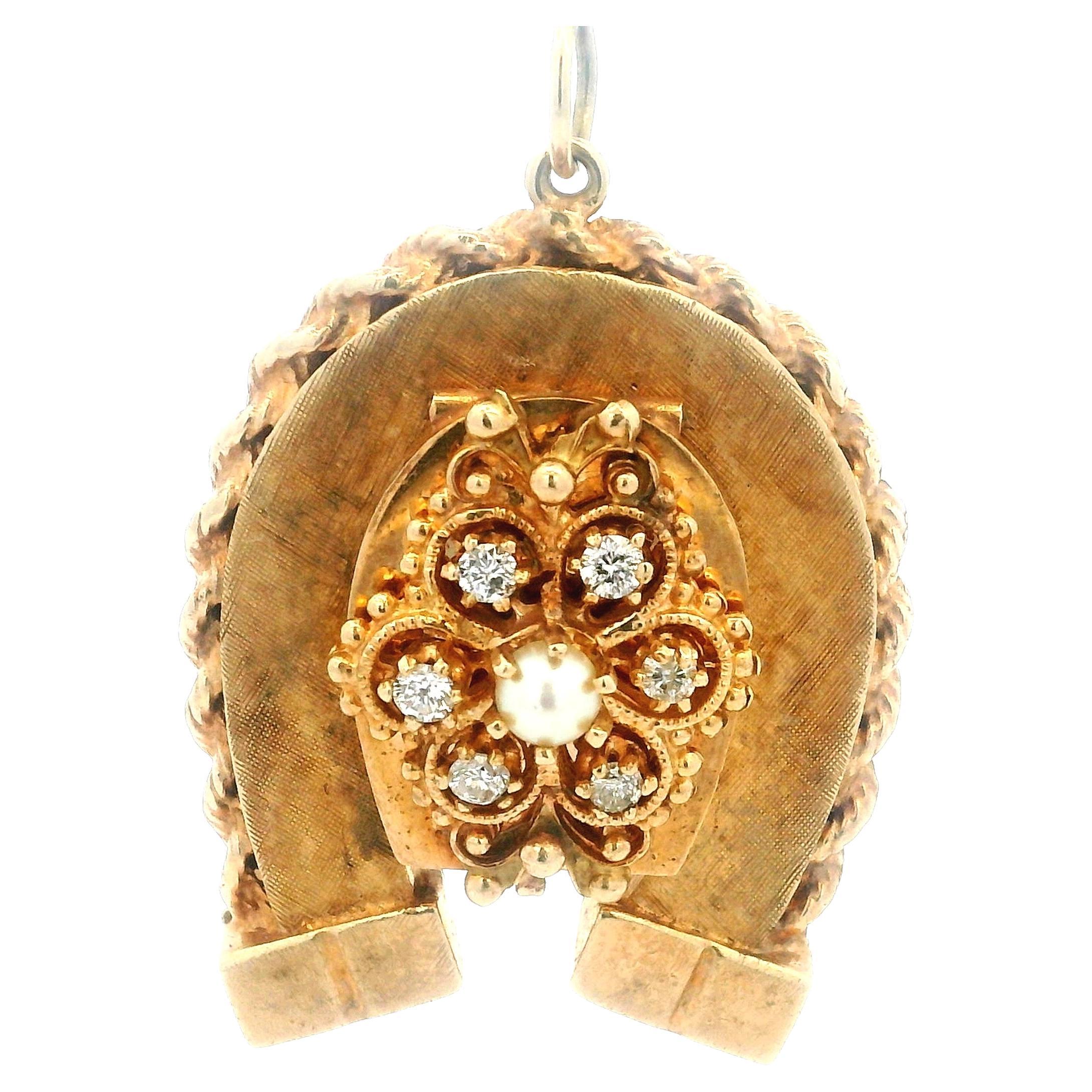 1880s Victorian 14K Rose Gold Horseshoe Locket Pendant Diamonds 
Cultured Pearl