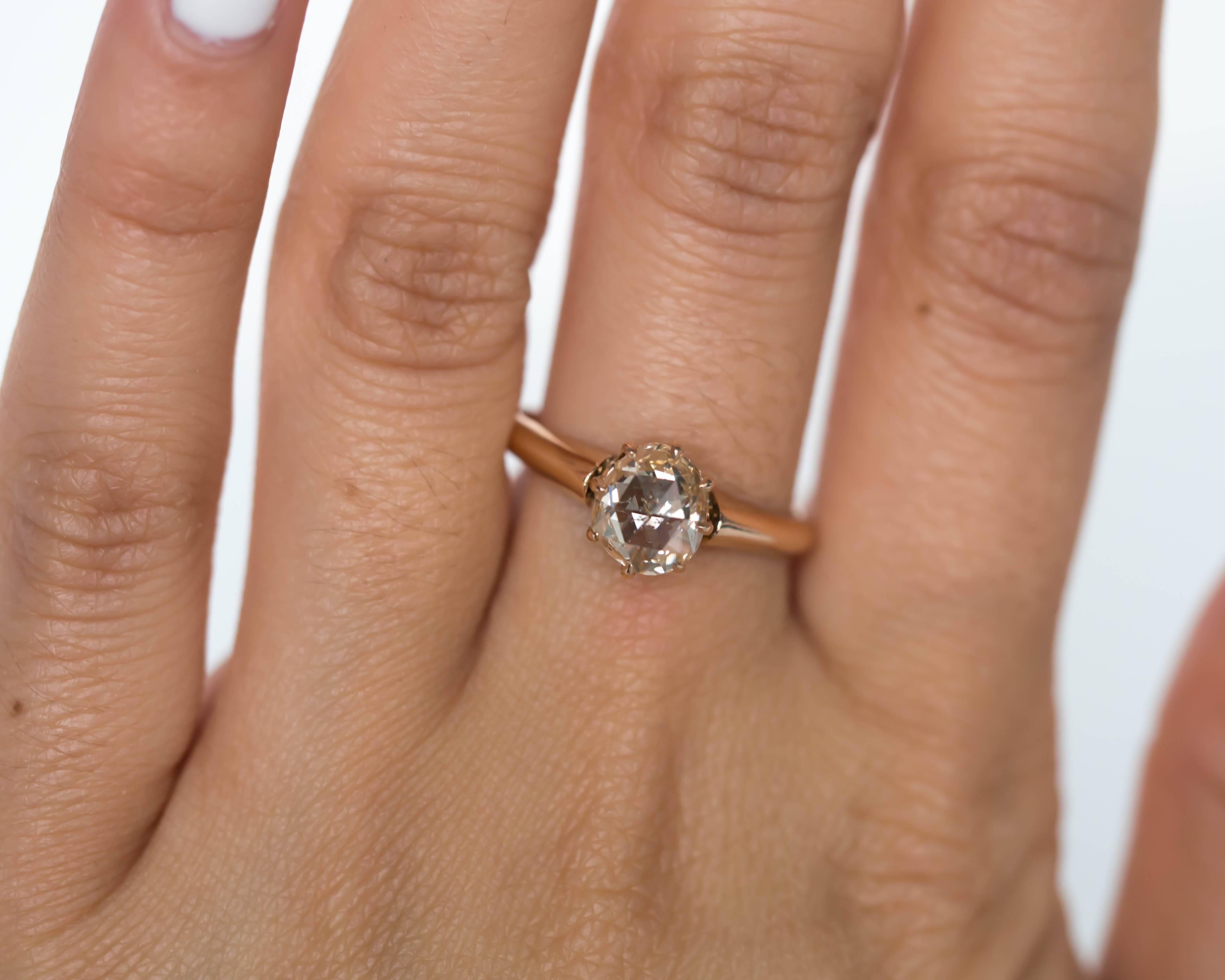 1880s Victorian .83 Carat Rose Cut Diamond Yellow Gold Engagement Ring For Sale 4