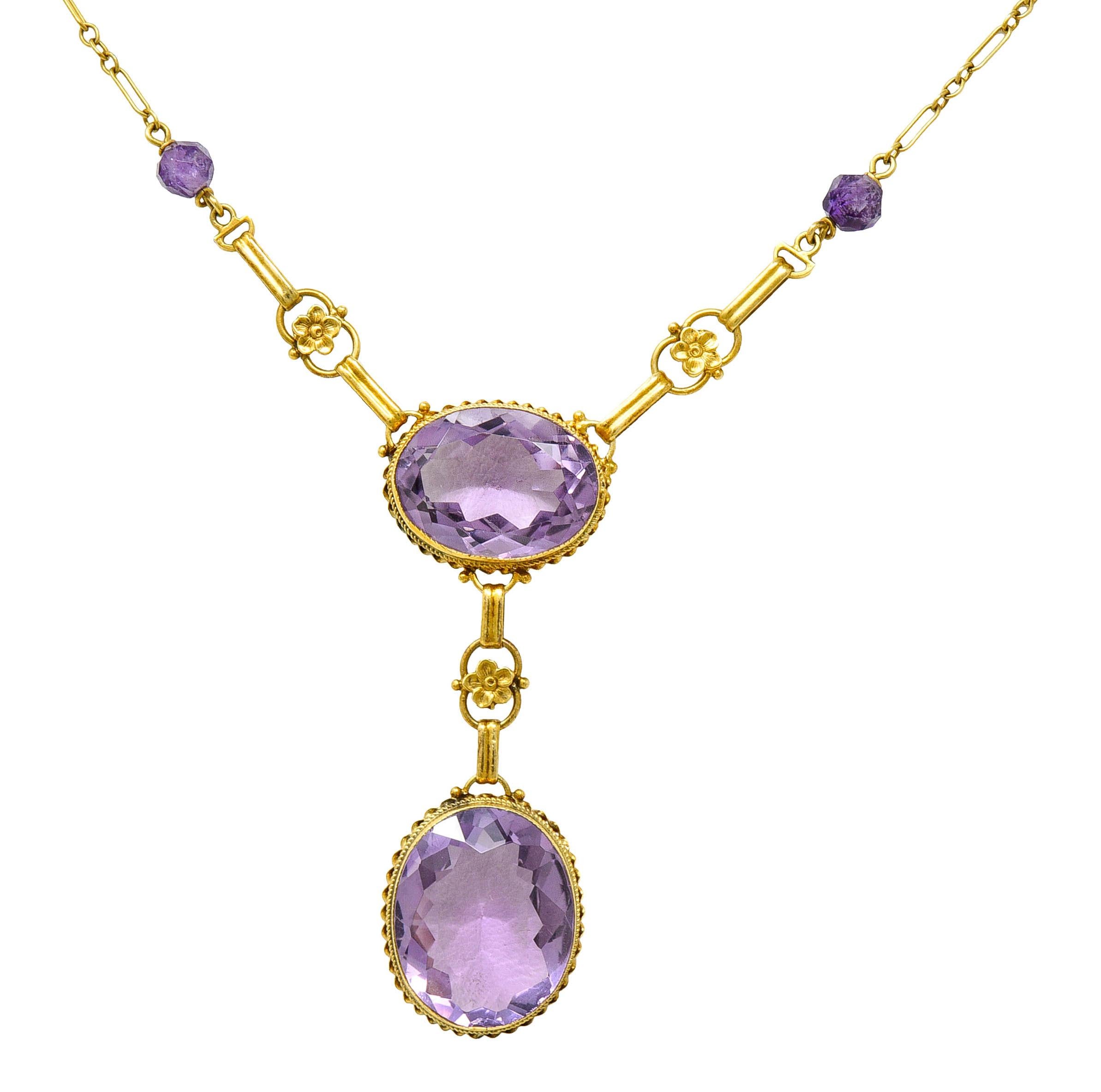 1880's Victorian Amethyst 14 Karat Gold Orange Blossom Drop Necklace In Excellent Condition In Philadelphia, PA