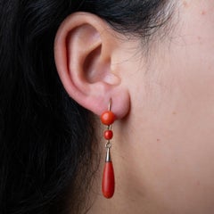 1880's Victorian Antique Mediterranean Coral Drop Earrings in 12K Gold