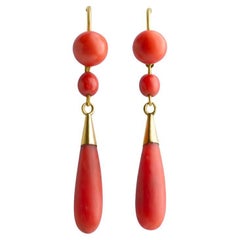 1880
s Victorian Antique Mediterranean Coral Drop Earrings in 12K Gold