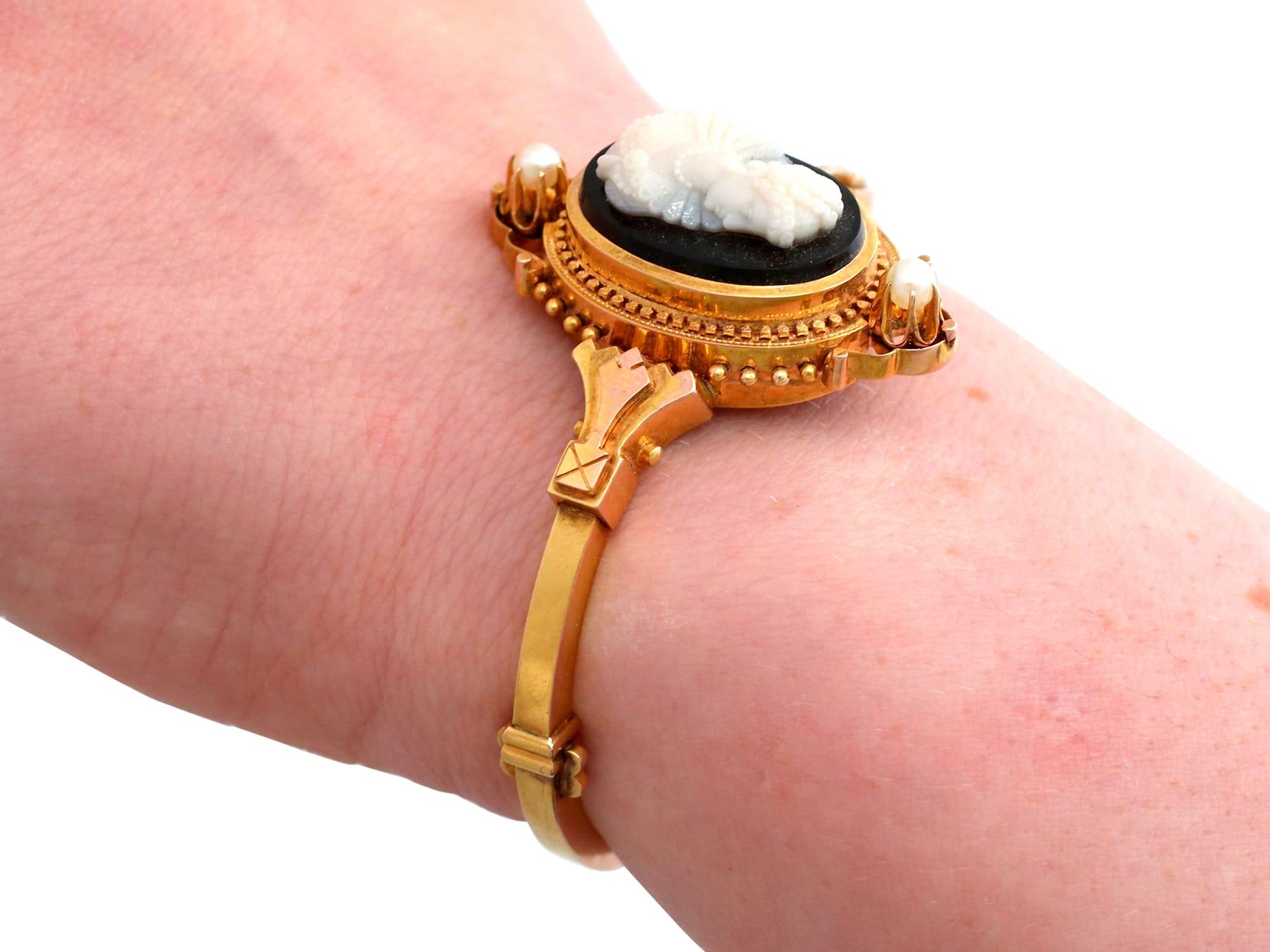 Women's 1880s Victorian Cameo Bangle Bracelet with Pearls in Yellow Gold For Sale