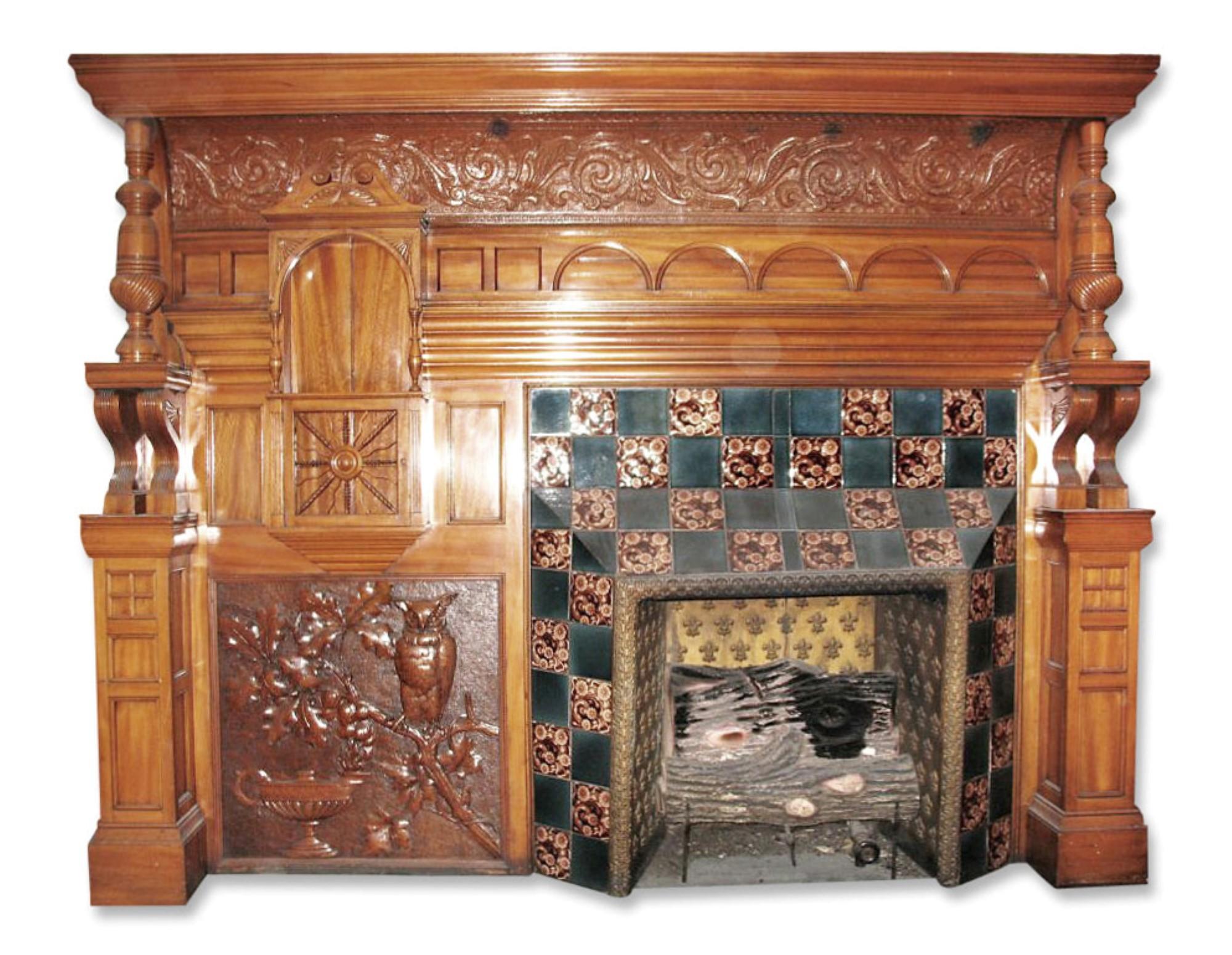 American Victorian Carved Whimsical Maple Mantel Turned Columns and Corbels For Sale