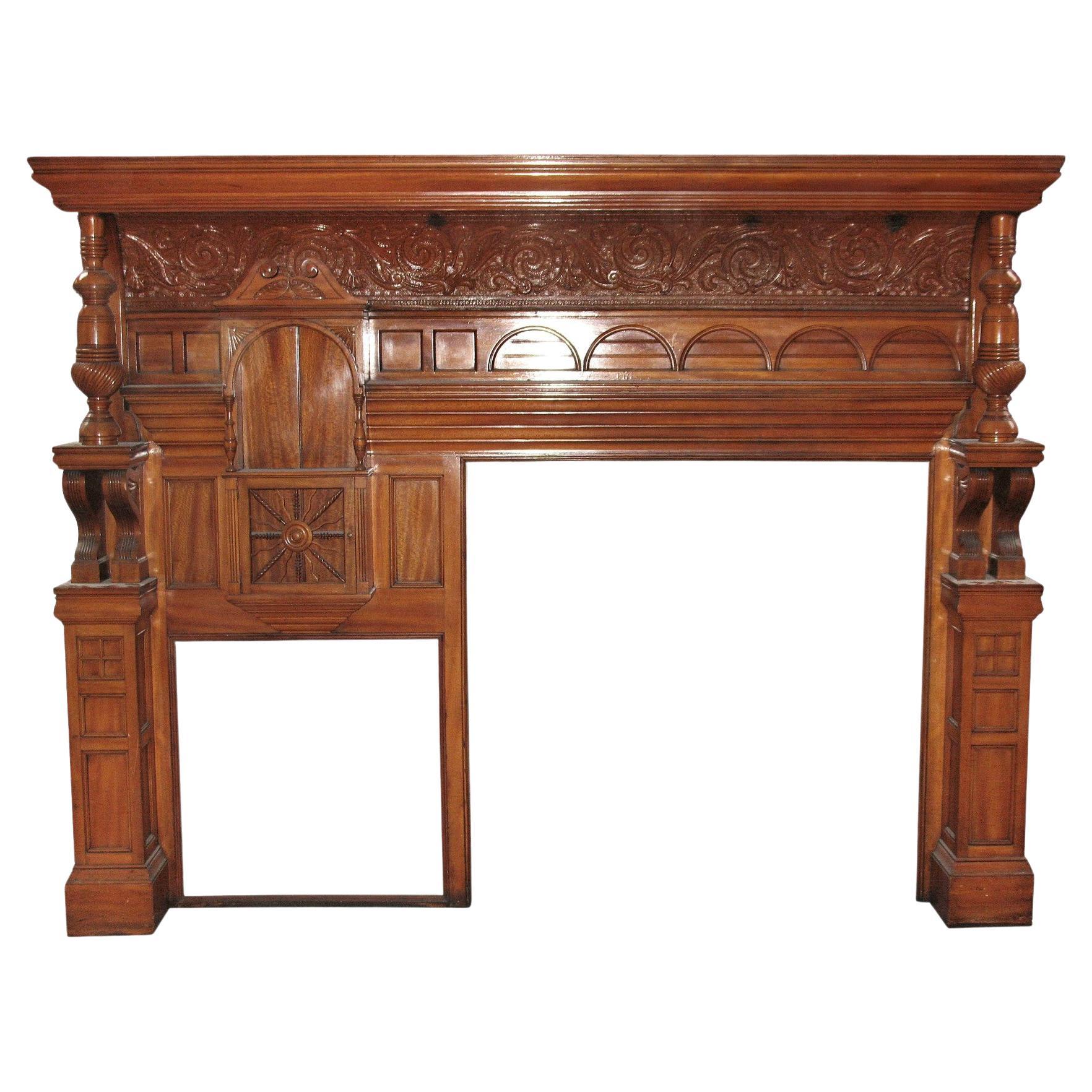 Victorian Carved Whimsical Maple Mantel Turned Columns and Corbels