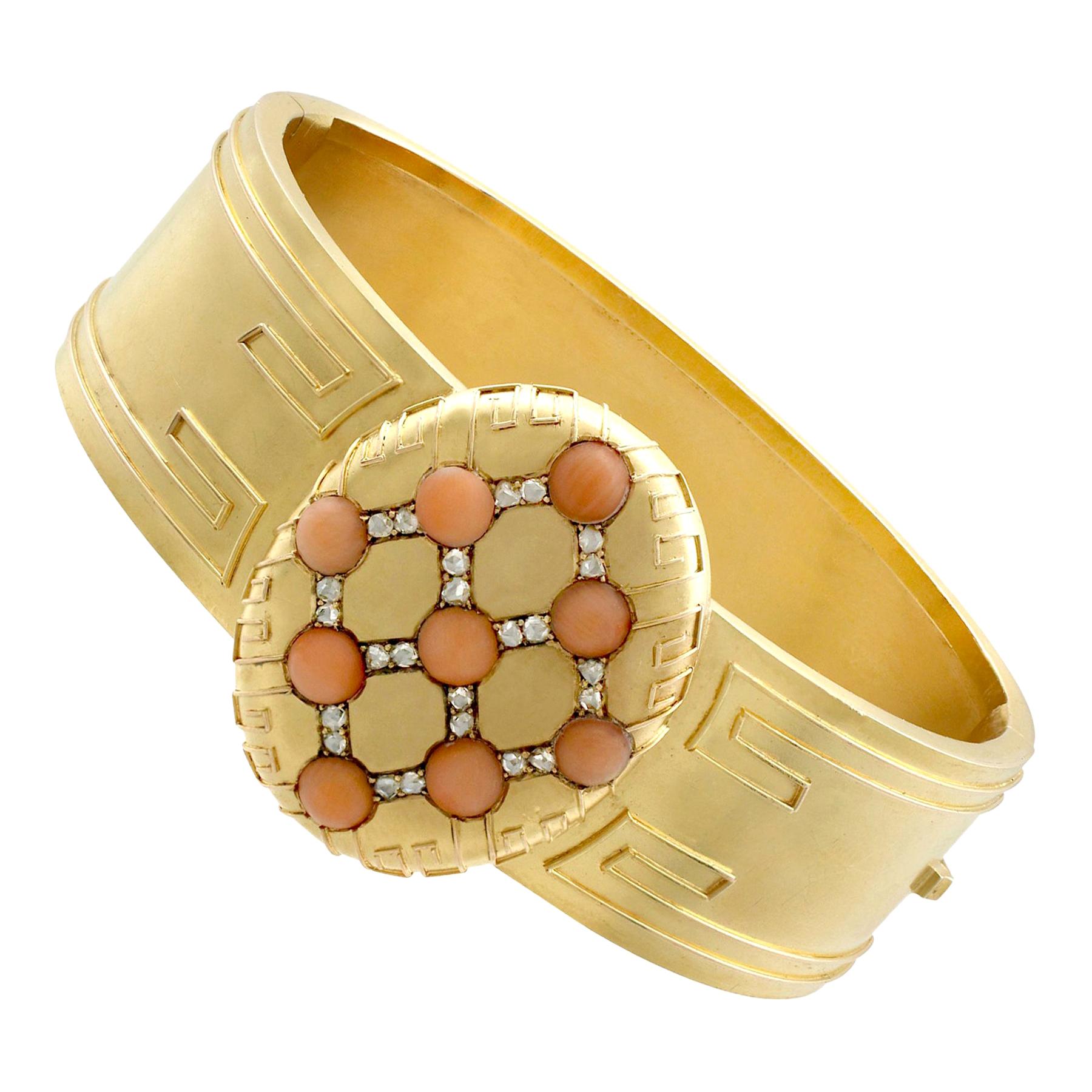 Cabochon Antique Victorian Coral and Diamond 18K Yellow Gold Bangle For Sale