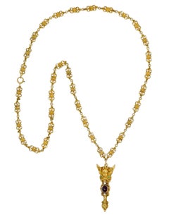 1880's Victorian Demantoid Garnet Diamond Ruby 14 Karat Gold Statement Necklace