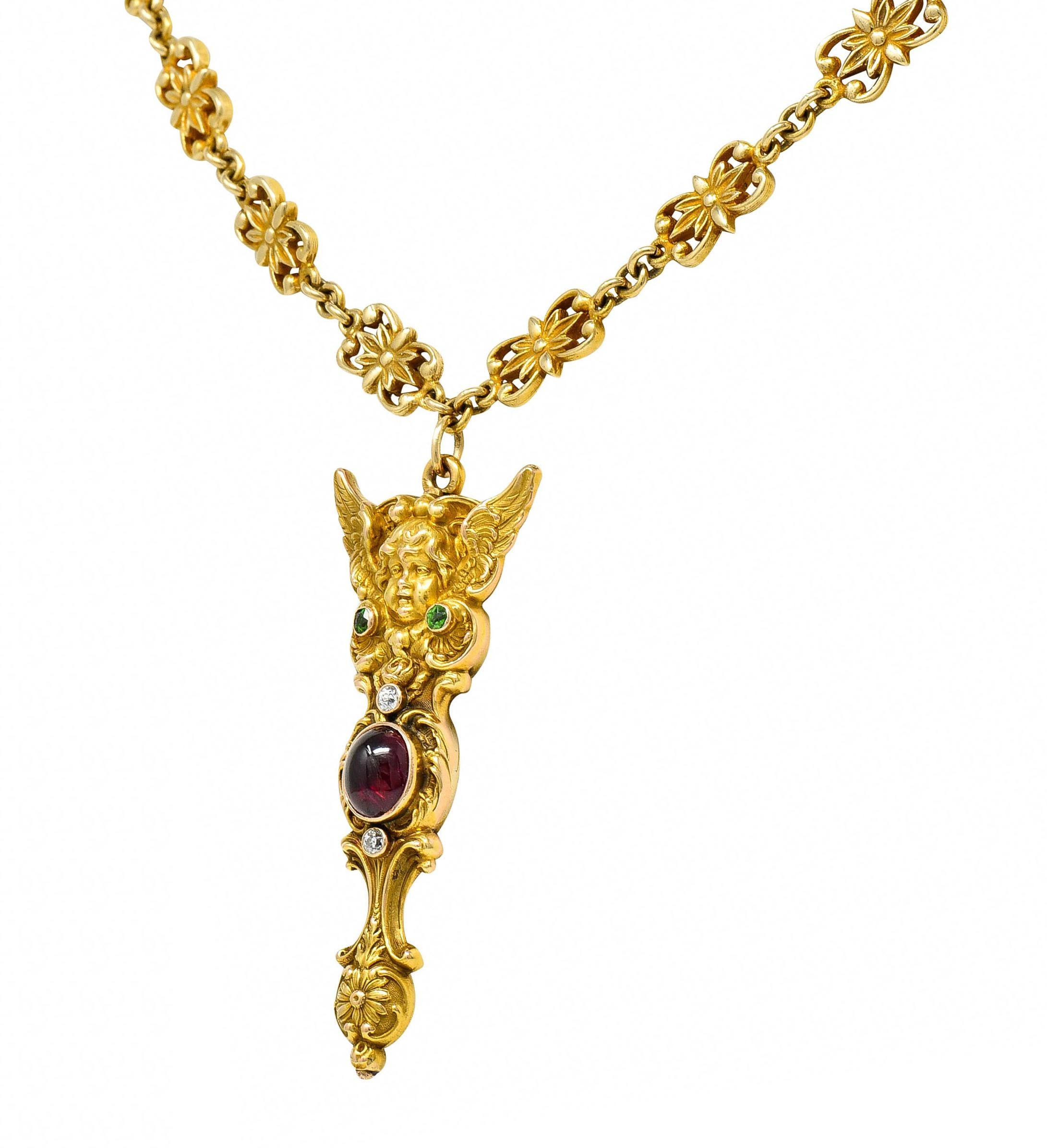 1880's Victorian Demantoid Garnet Diamond Ruby 14 Karat Gold Statement Necklace In Excellent Condition In Philadelphia, PA