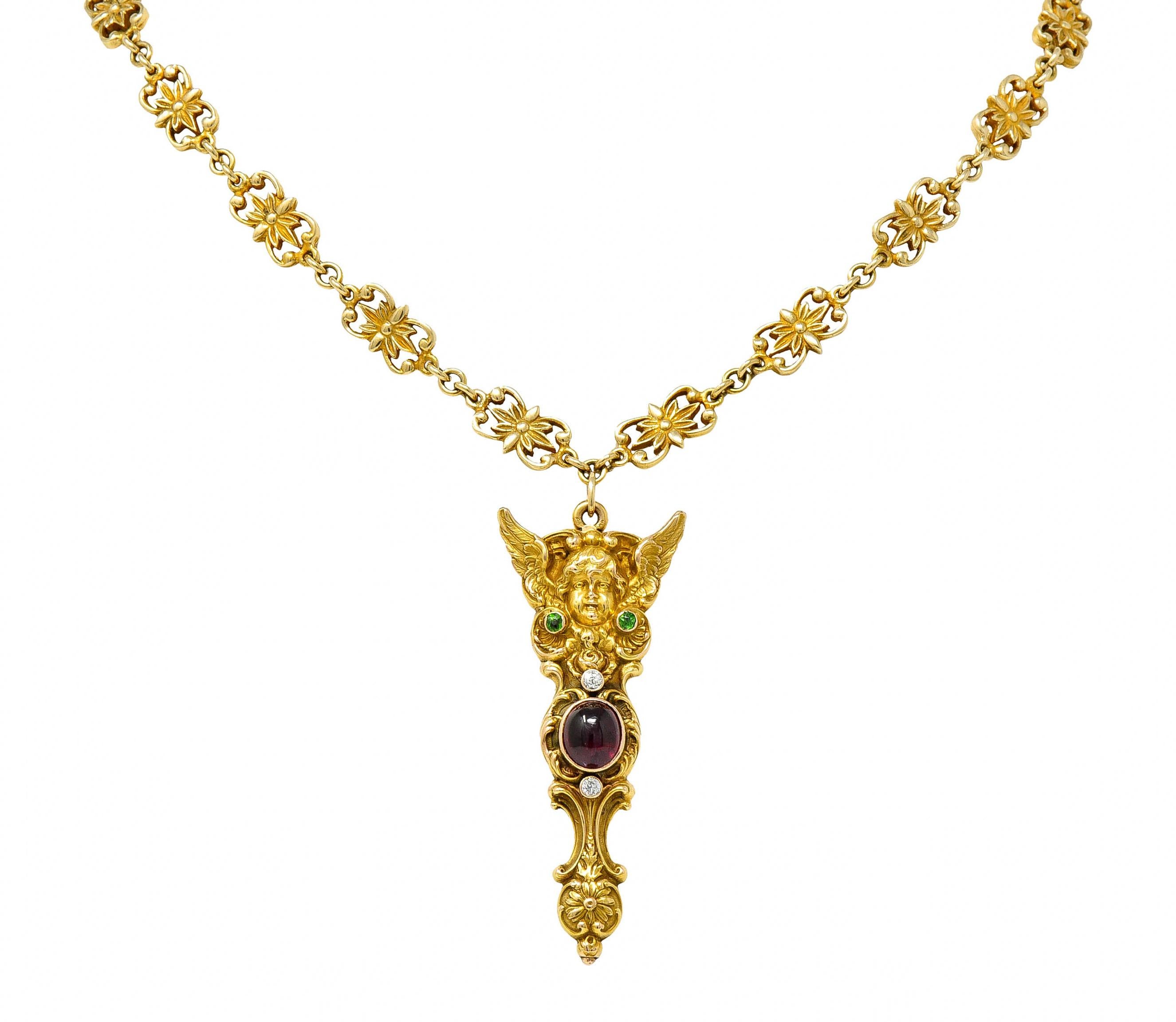 Women's or Men's 1880's Victorian Demantoid Garnet Diamond Ruby 14 Karat Gold Statement Necklace