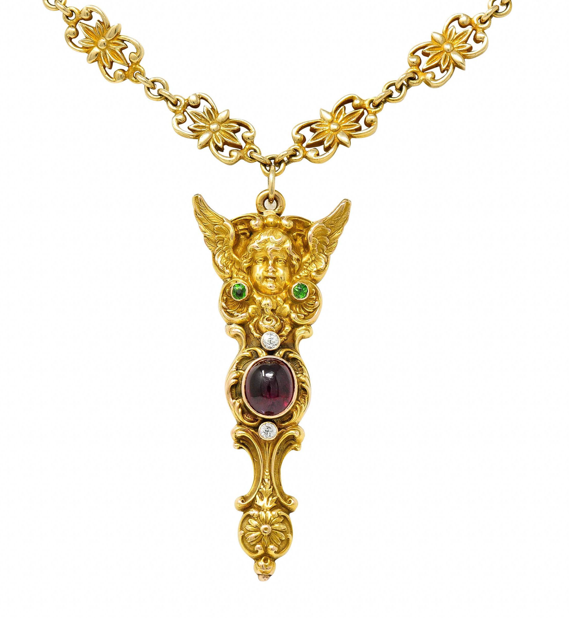 1880's Victorian Demantoid Garnet Diamond Ruby 14 Karat Gold Statement Necklace 1