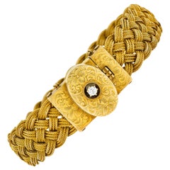 1880's Victorian Diamond 14 Karat Yellow Gold Woven Locket Bracelet