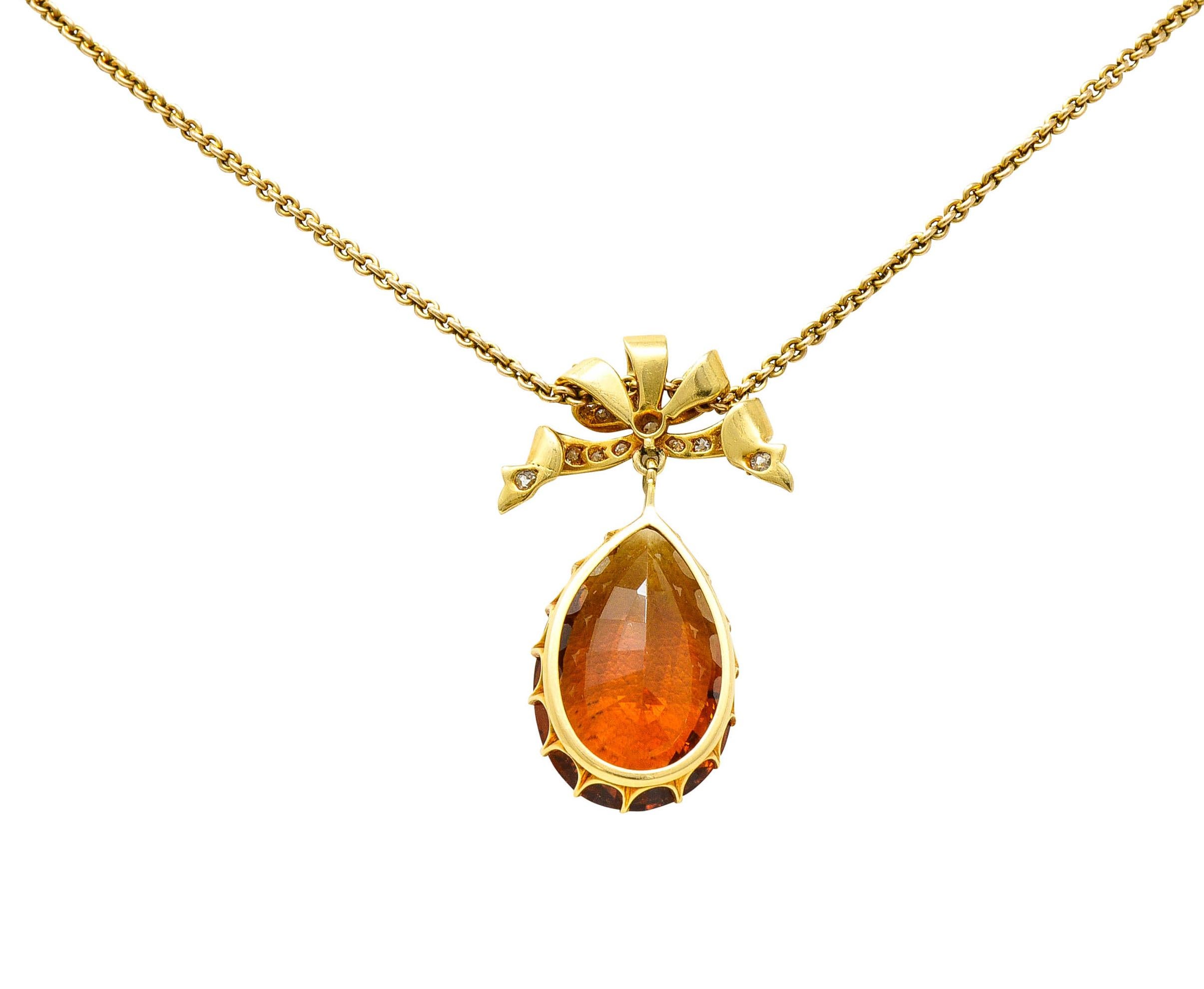 1880's Victorian Diamond Citrine 18 Karat Gold Bow Drop Necklace In Excellent Condition In Philadelphia, PA