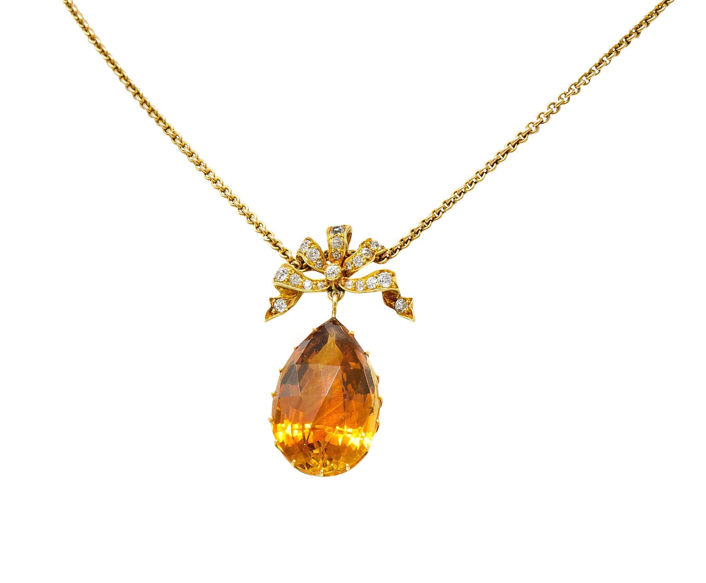 1880's Victorian Diamond Citrine 18 Karat Gold Bow Drop Necklace 3