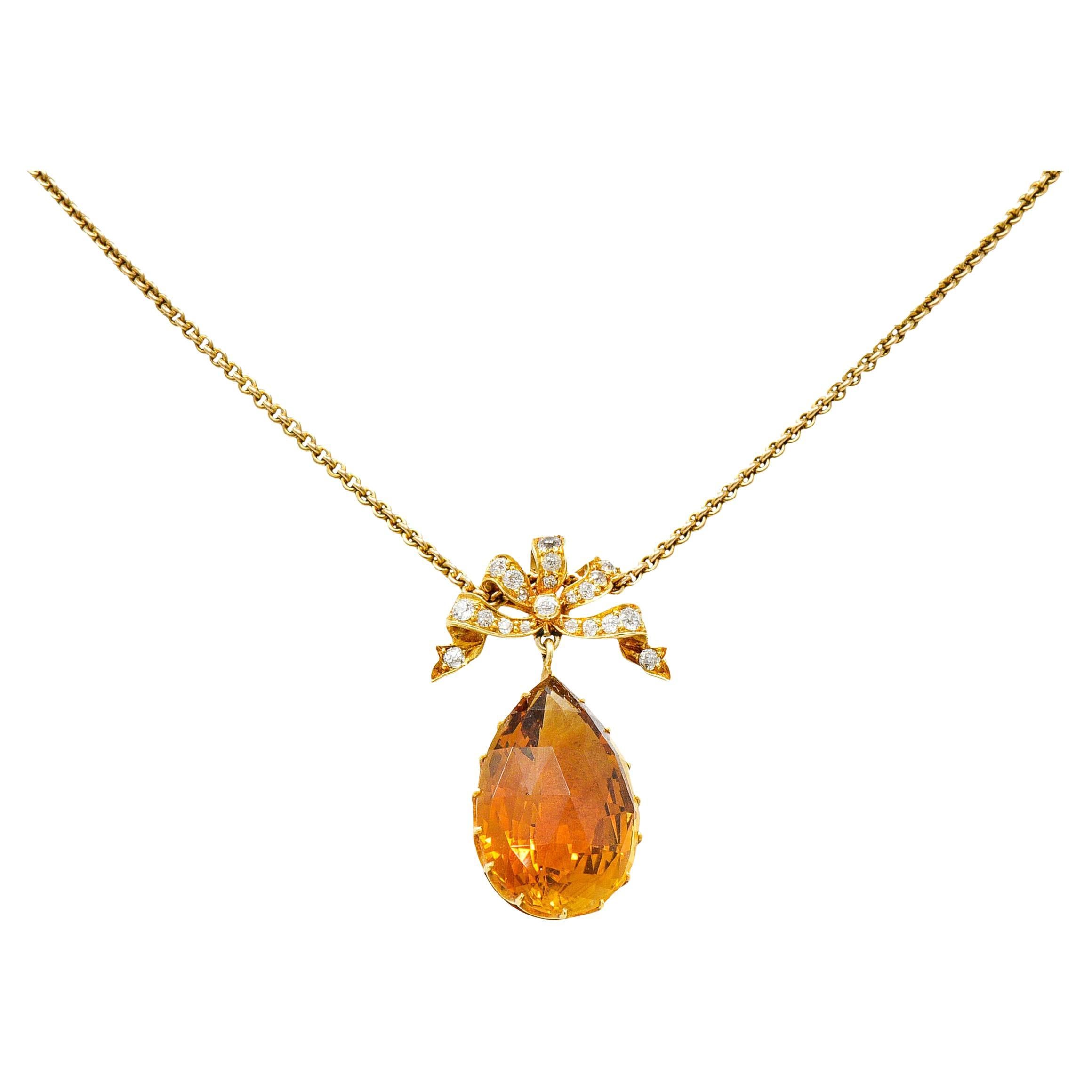 1880's Victorian Diamond Citrine 18 Karat Gold Bow Drop Necklace