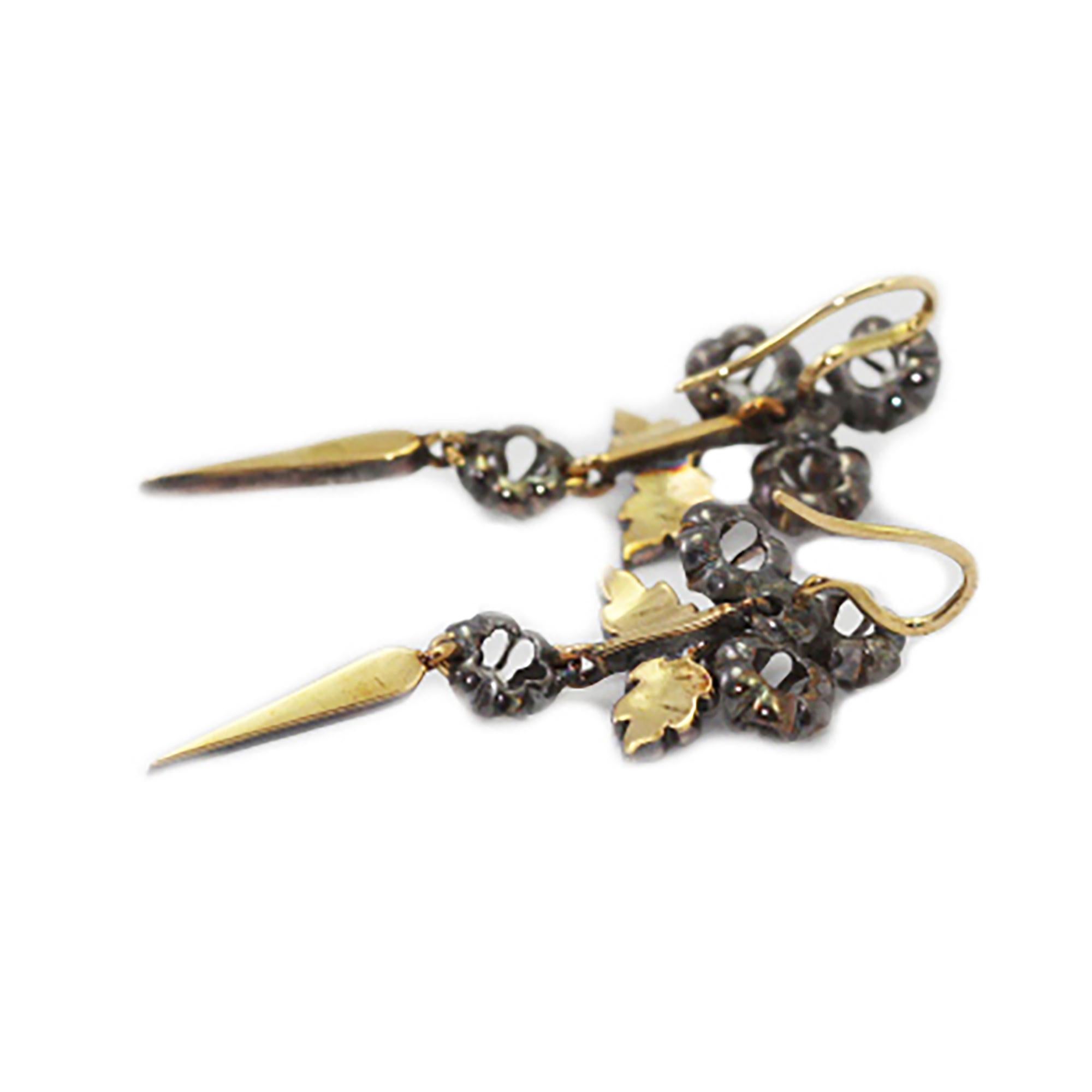 Antique Victorian Old Mine & Rose Cut Diamond Drop Flower Earrings In Excellent Condition In London, GB