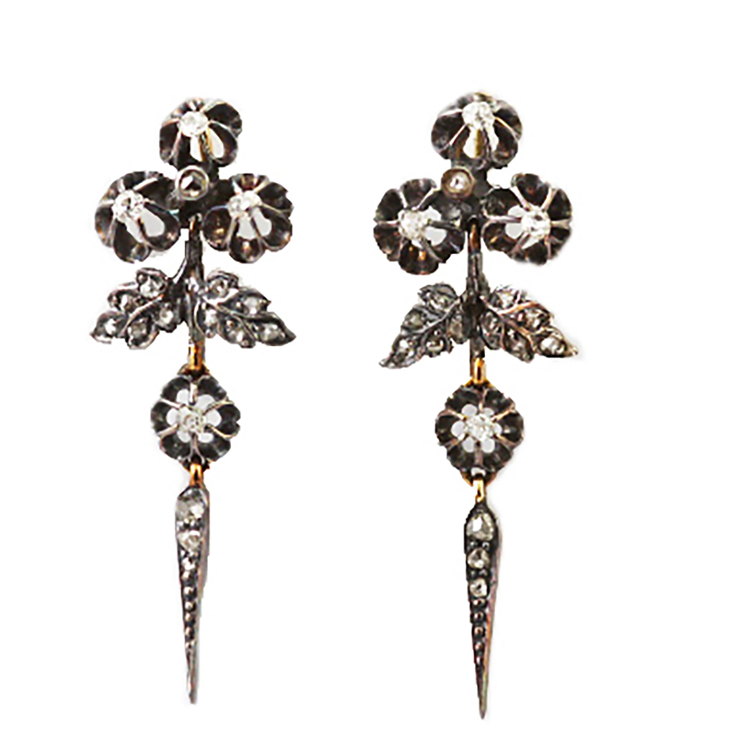 Antique Victorian Old Mine & Rose Cut Diamond Drop Flower Earrings