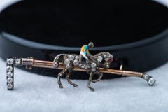 1880's Victorian Diamond Enamel Horse Polocrosse Horse Bar Brooch 18K Solid Gold